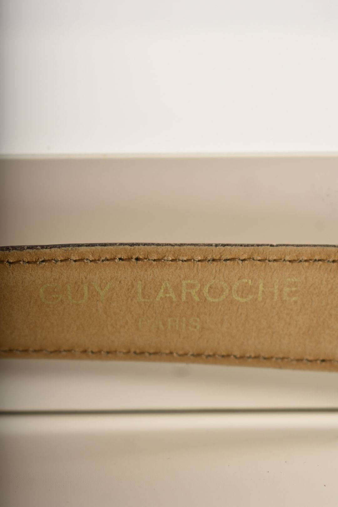 1970s GUY LAROCHE PARIS Tan Polished Brass Logo Belt 28" France