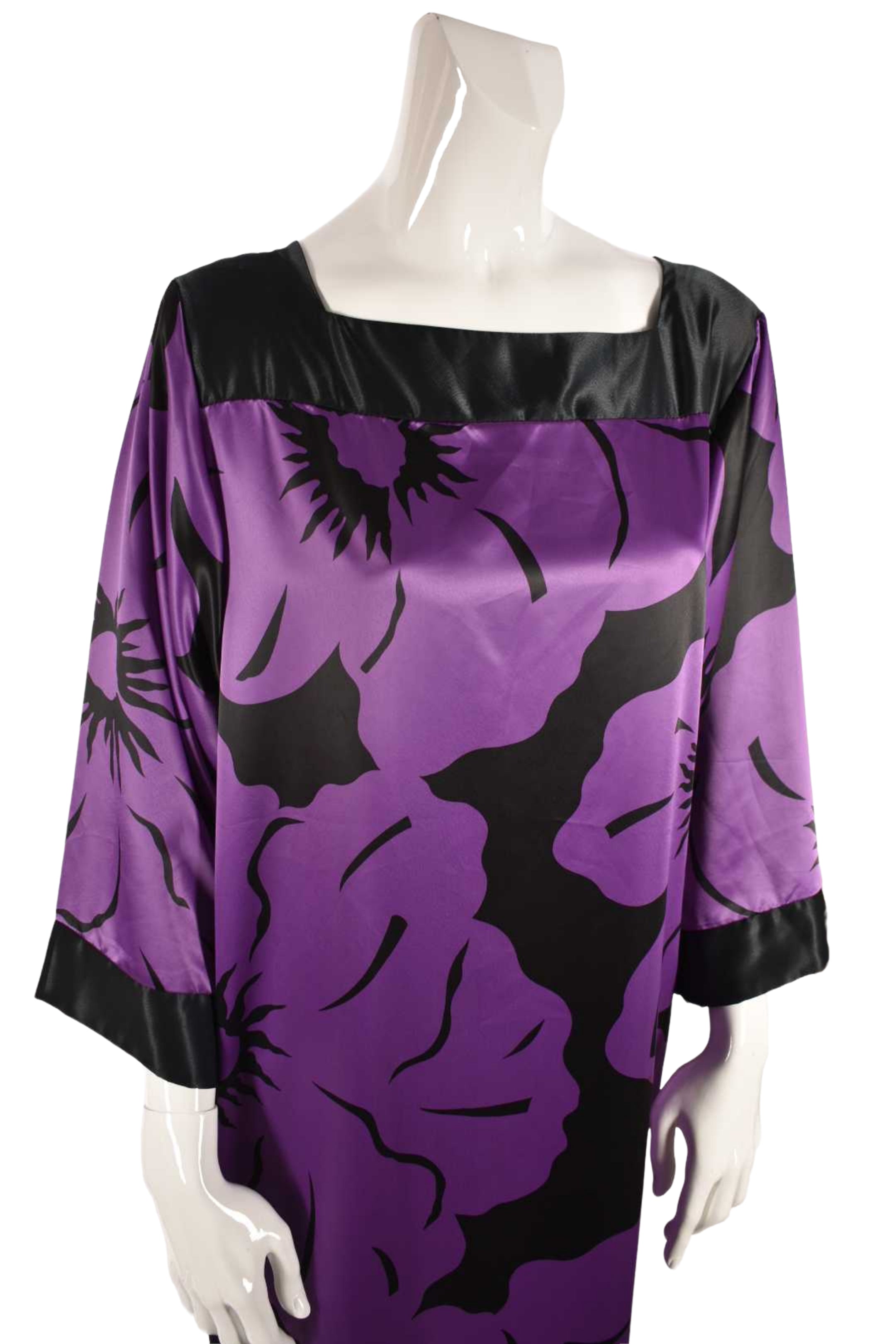 1980s OSCAR DE LA RENTA for Swirl Purple Black Floral Print Tunic Dress Medium
