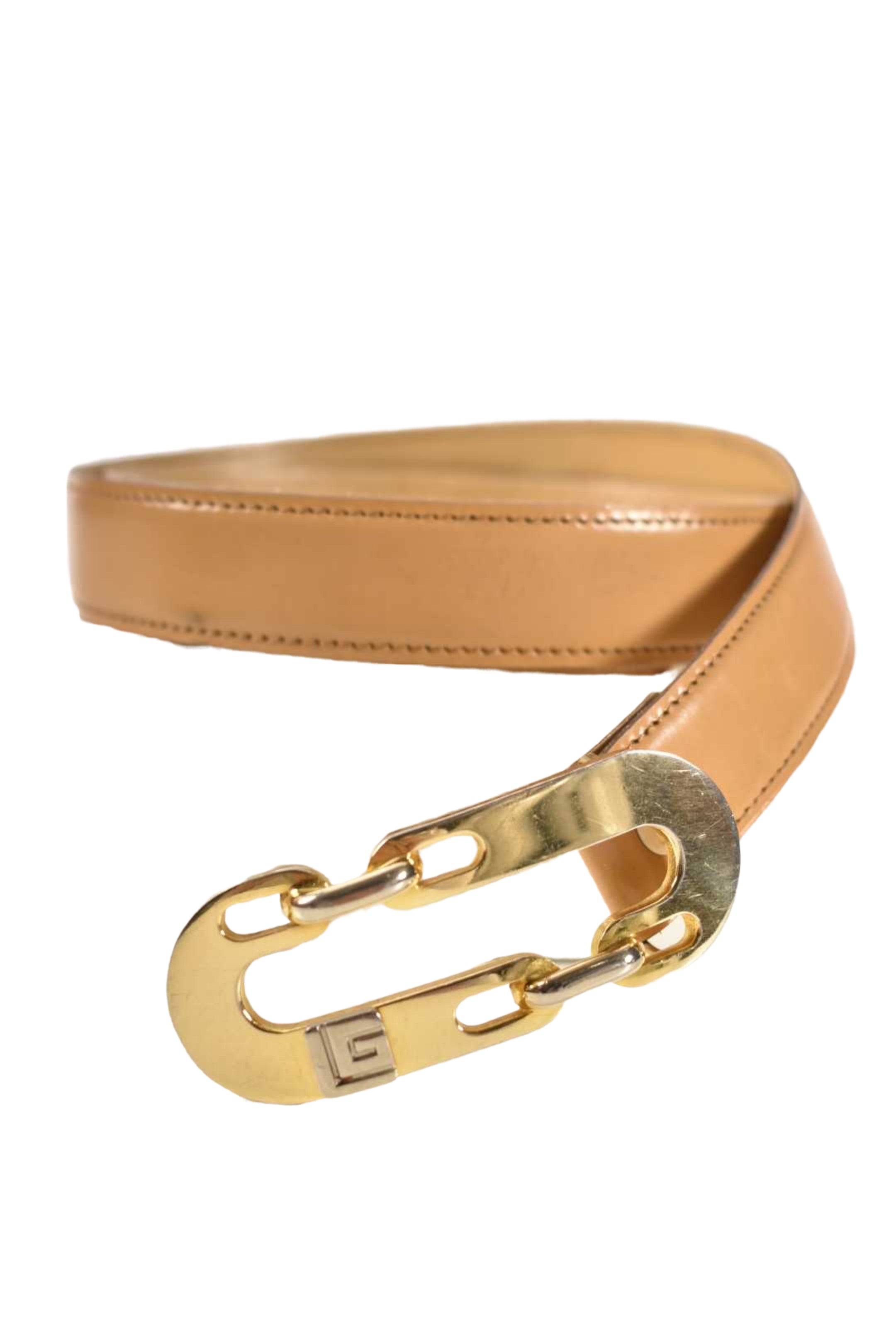 1970s GUY LAROCHE PARIS Tan Polished Brass Logo Belt 28" France