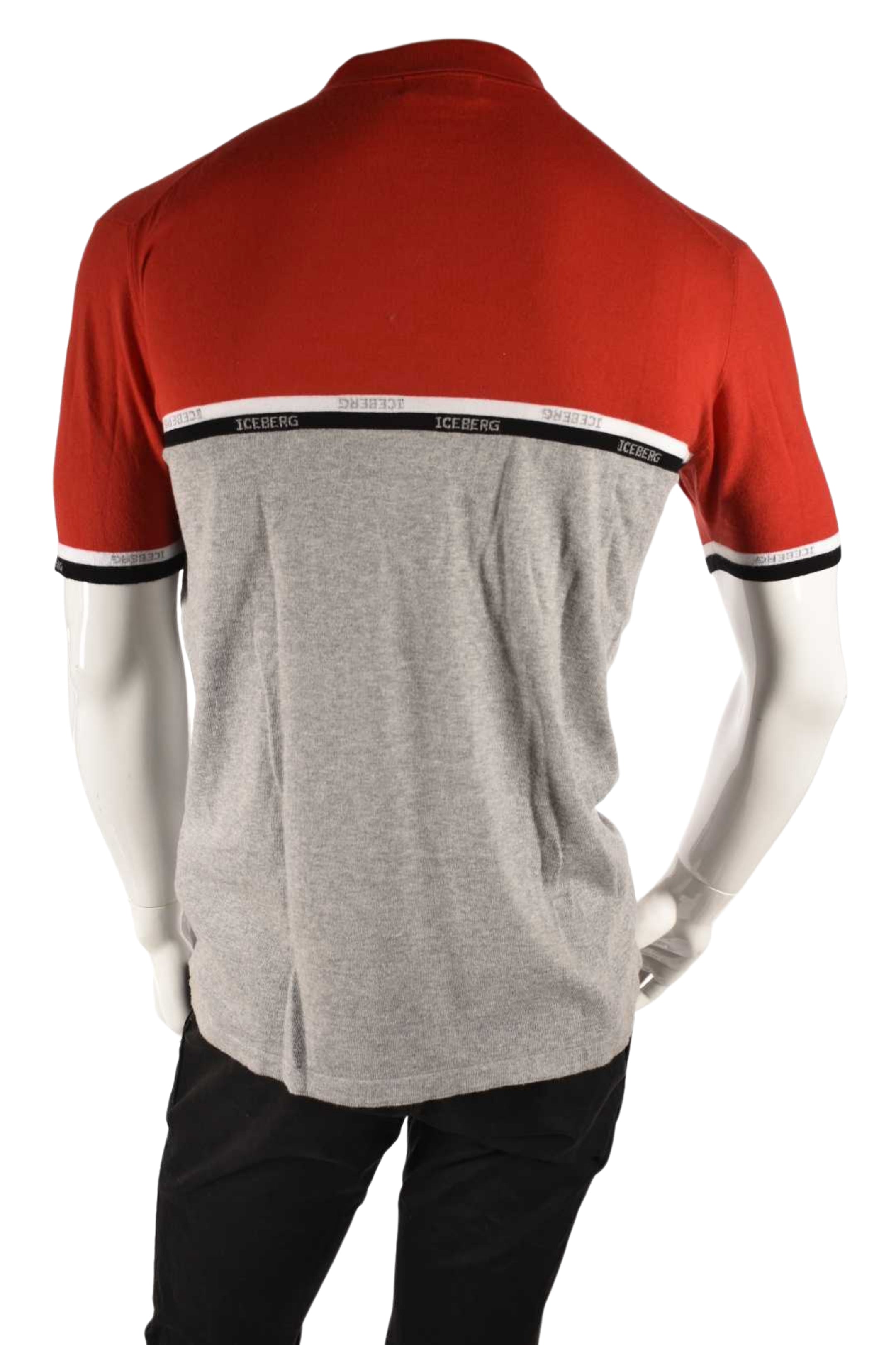 2000s ICEBERG Red Cotton Stripe Colourblock Knit Logo Polo Shirt Medium