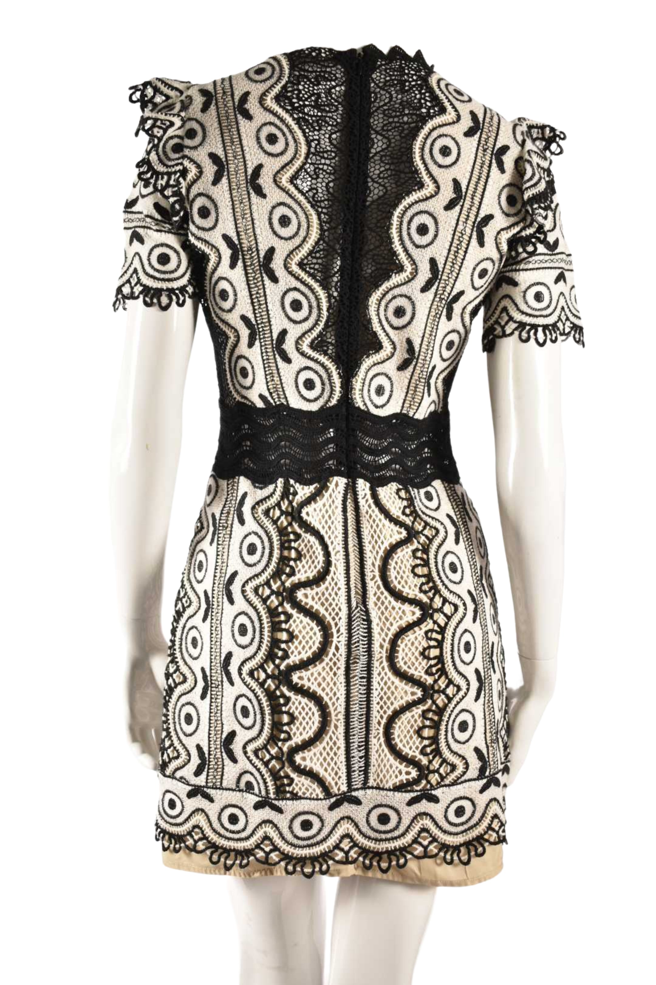 SEA New York Black White Crochet Boho Fitted Mini Dress 4US