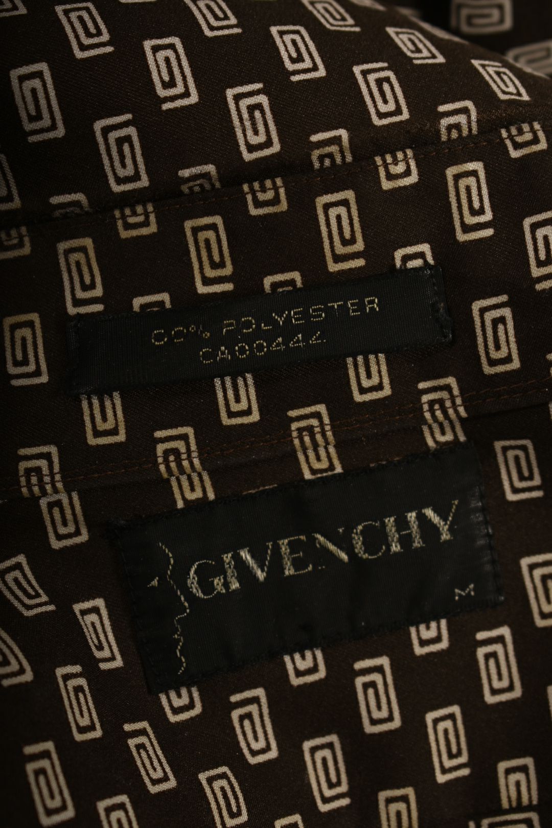 1970s GIVENCHY Brown G Print Pointed Collar Poly Shirt Medium