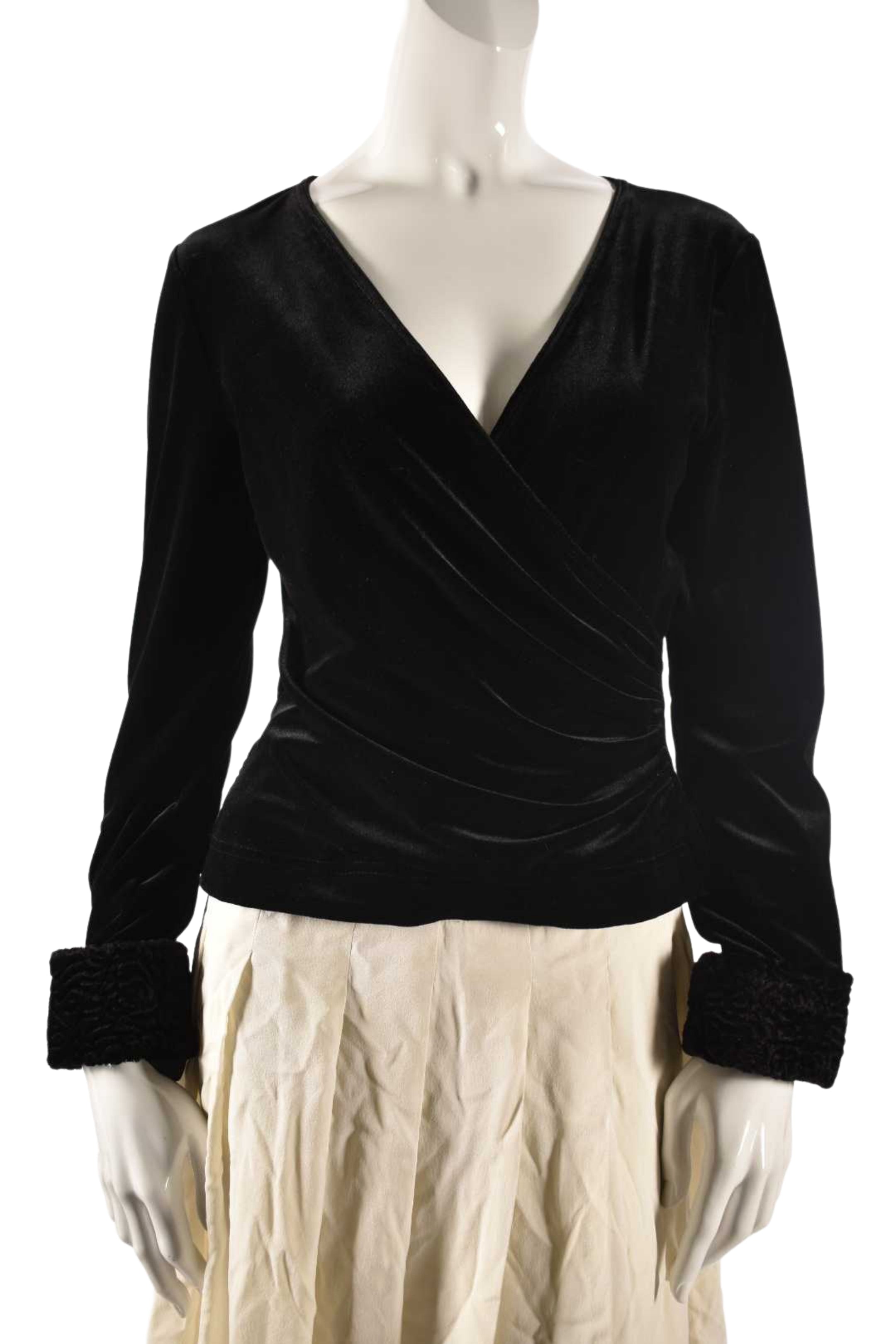 1980s TADASHI SHOJI Black Velvet Plunge Top Fur Cuffs Small