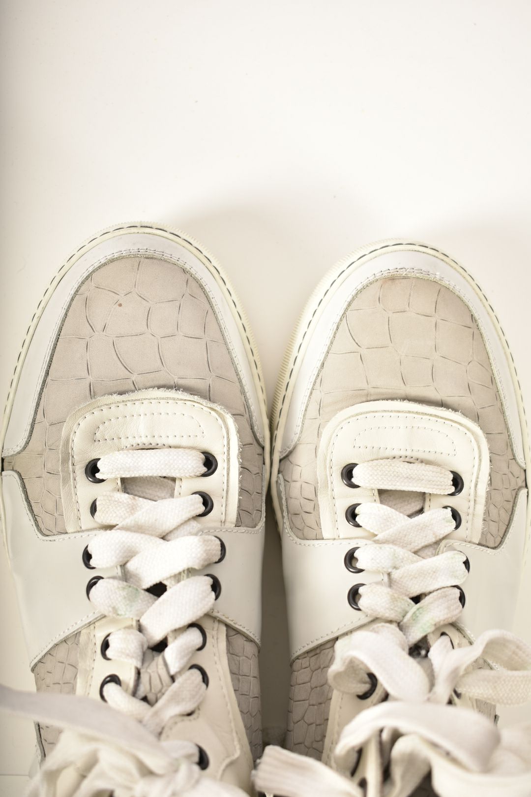LANVIN White Grey Mixed Media Leather Hightop Zip Sneakers 7EU 8.5US Italy