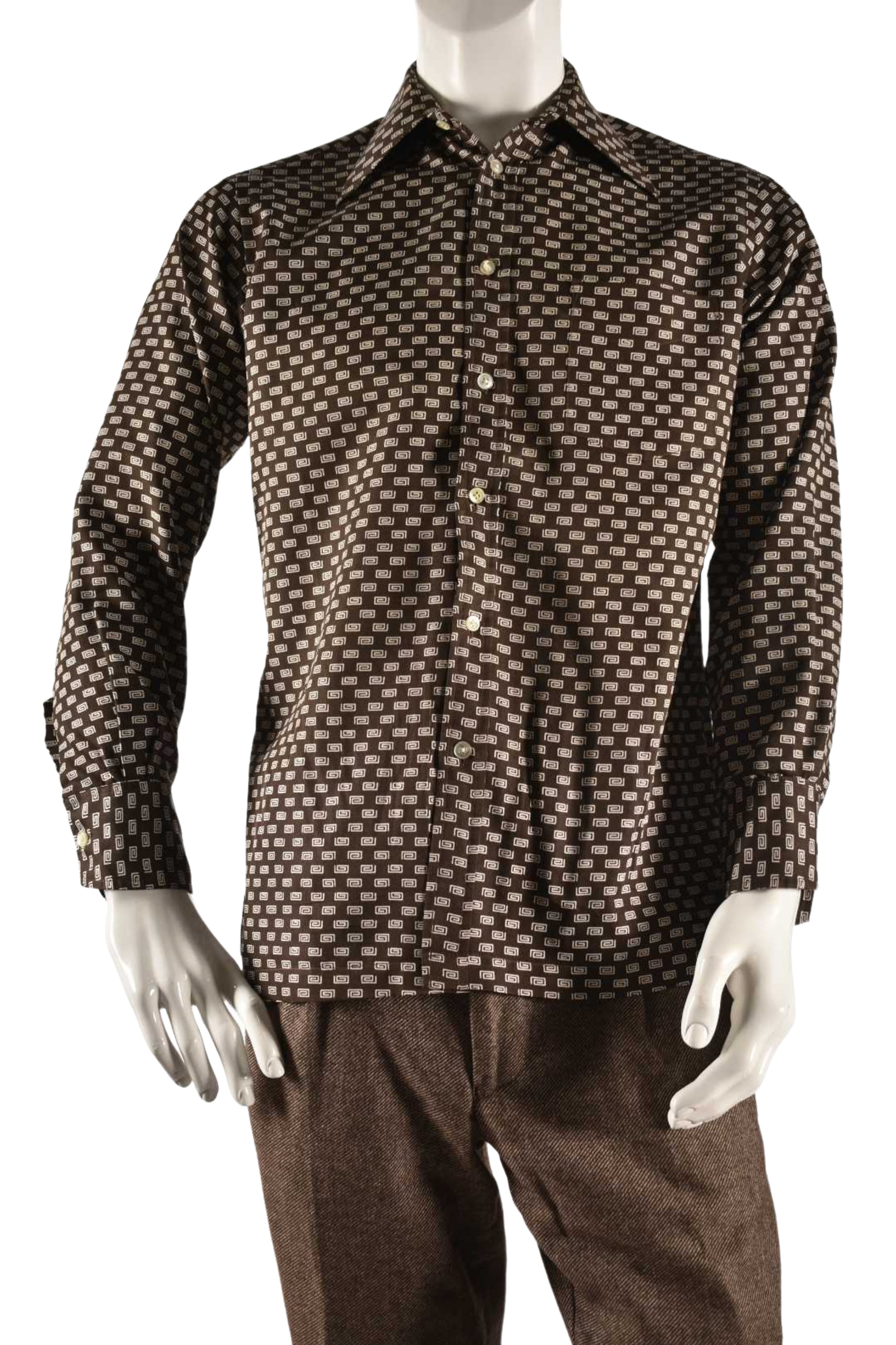 1970s GIVENCHY Brown G Print Pointed Collar Poly Shirt Medium
