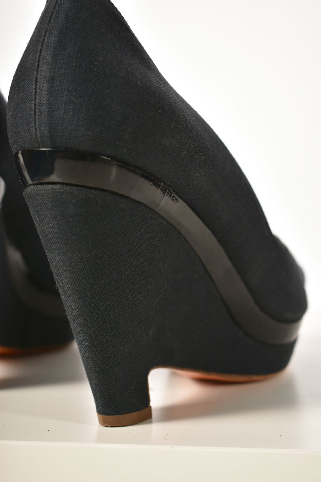 1990s JIL SANDER Navy Linen Wedge Heel Peep Toe Platform Pump 7US Italy