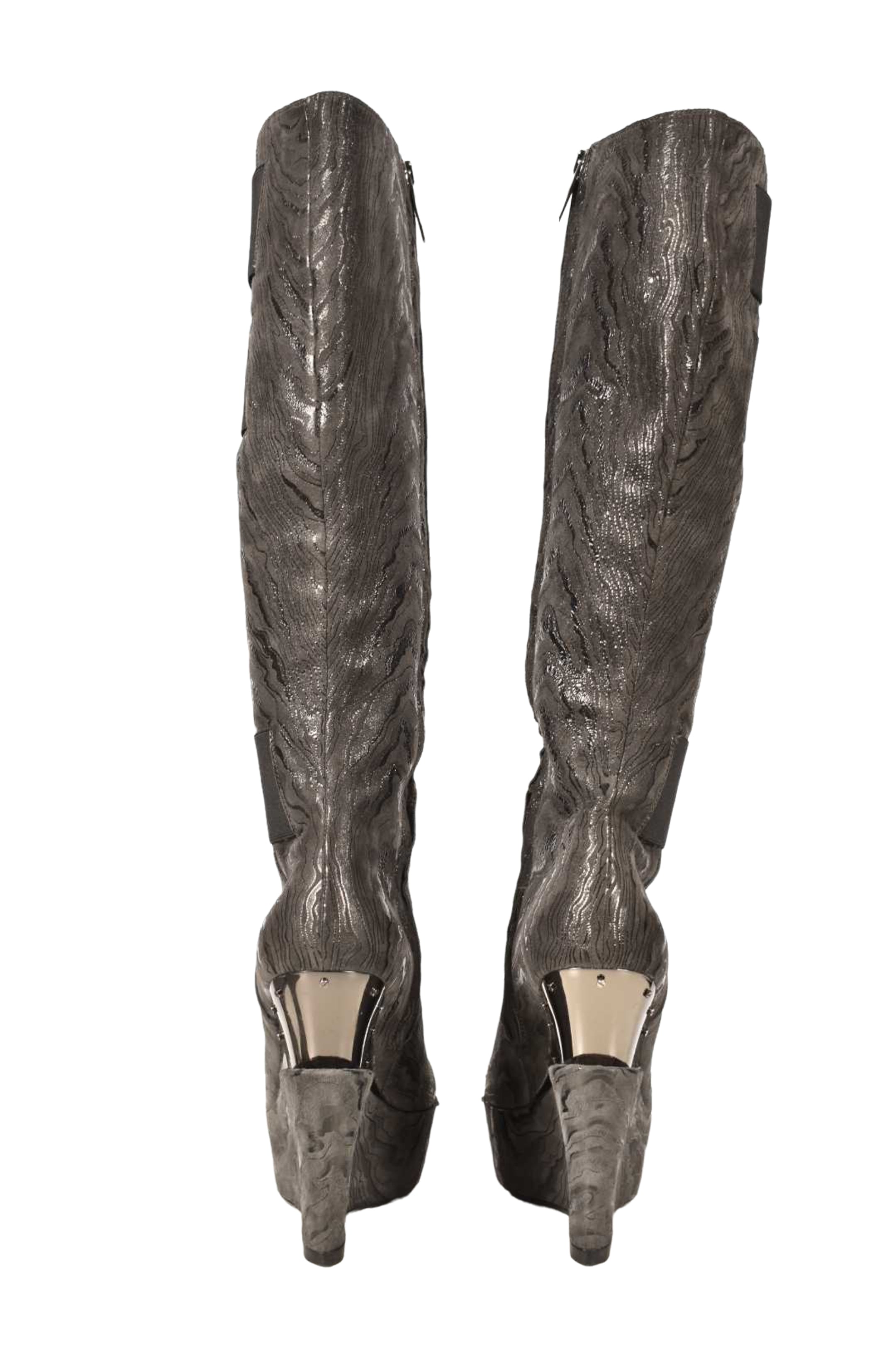 LORIBLU Grey Leather Marble Wedge Metallic Boots 7US