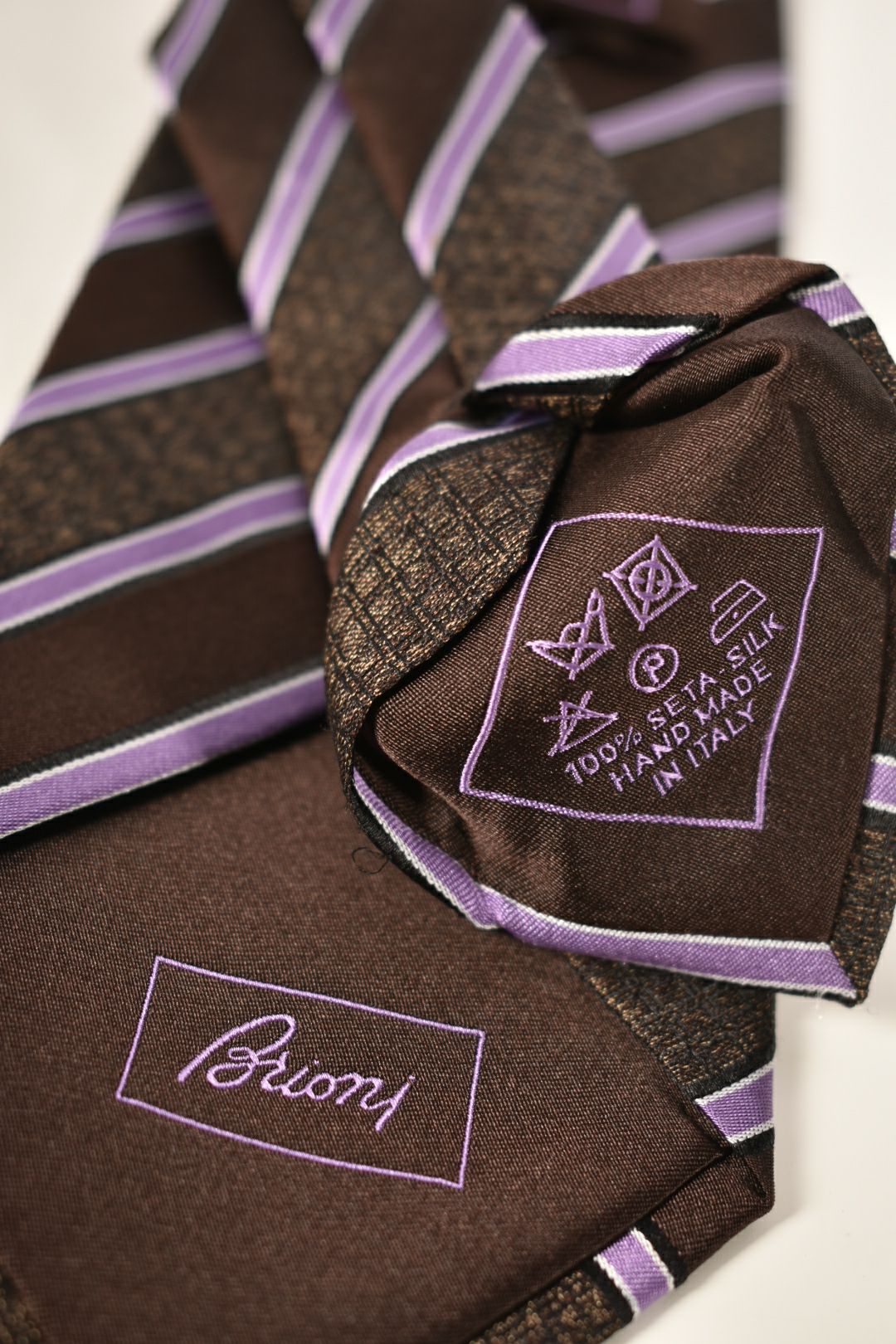 BRIONI Chocolate Brown Purple Stripe Textured Silk Tie Italy