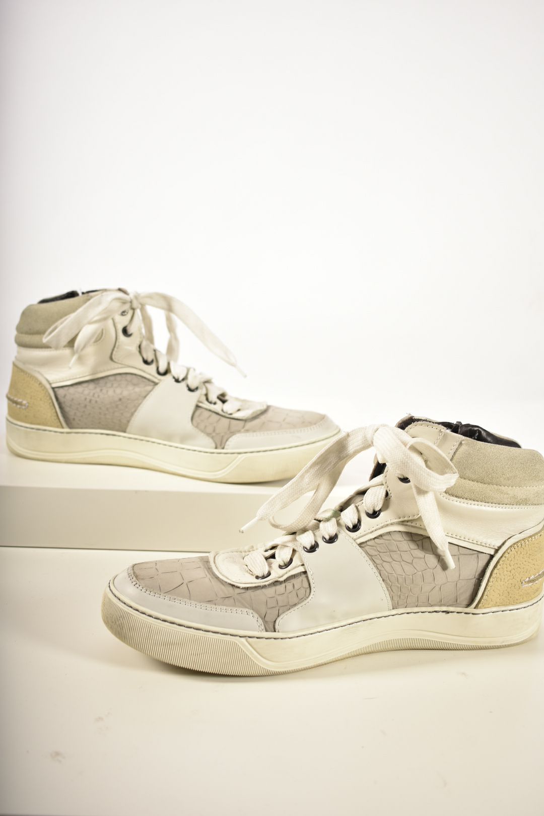 LANVIN White Grey Mixed Media Leather Hightop Zip Sneakers 7EU 8.5US Italy