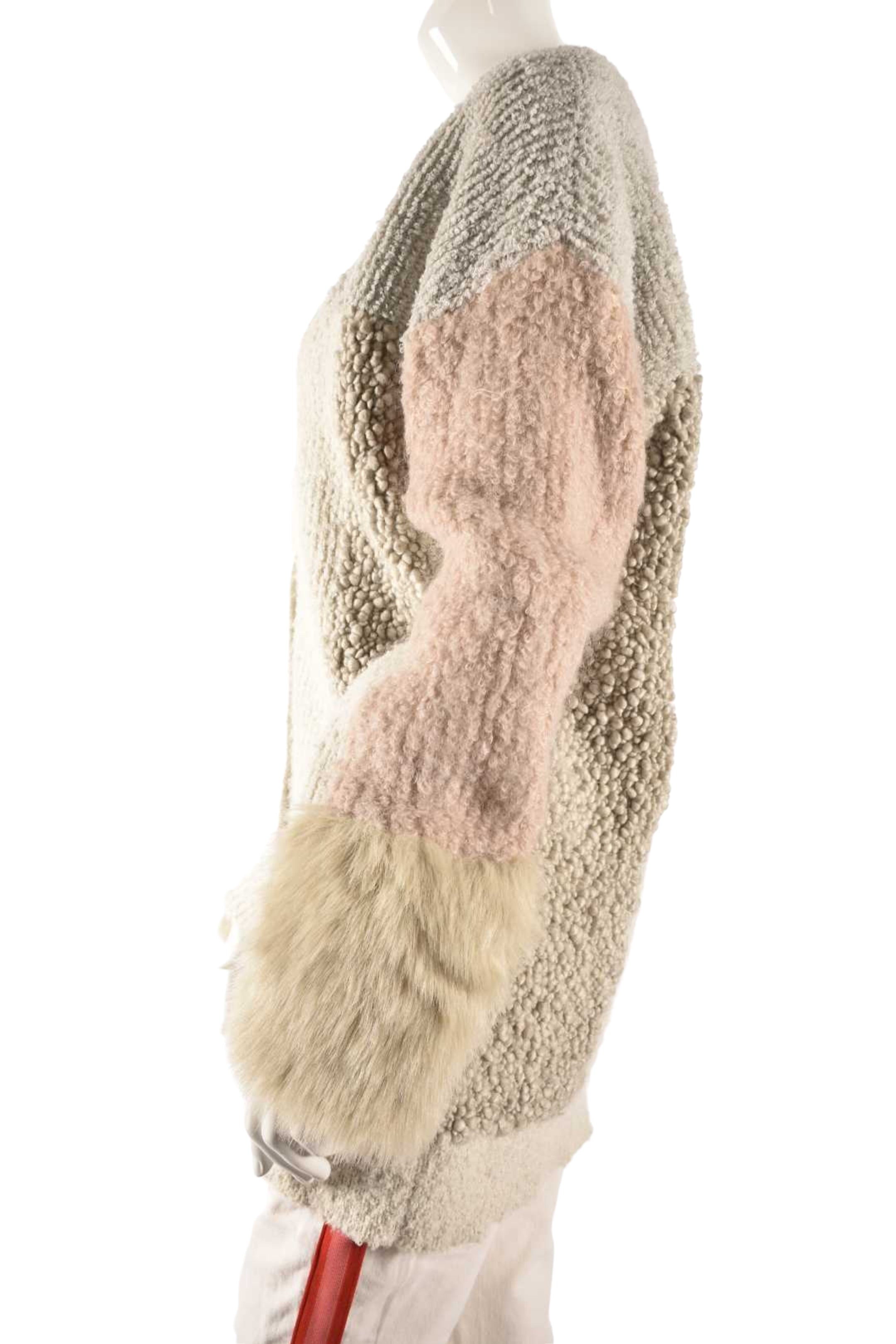 STELLA MCCARTNEY Beige Pink Faux Fur Patchwork Cardigan 38EU Small