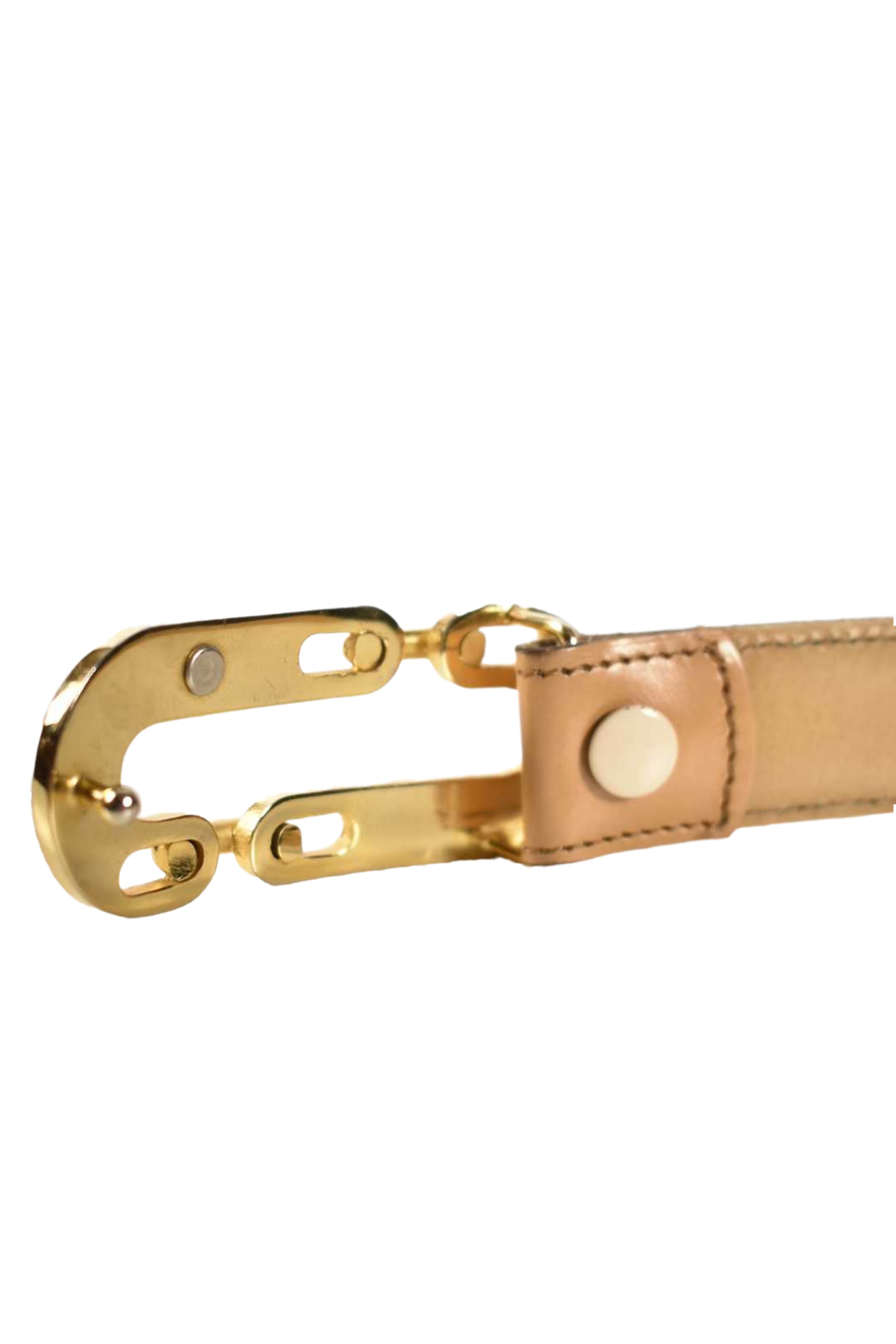 1970s GUY LAROCHE PARIS Tan Polished Brass Logo Belt 28" France