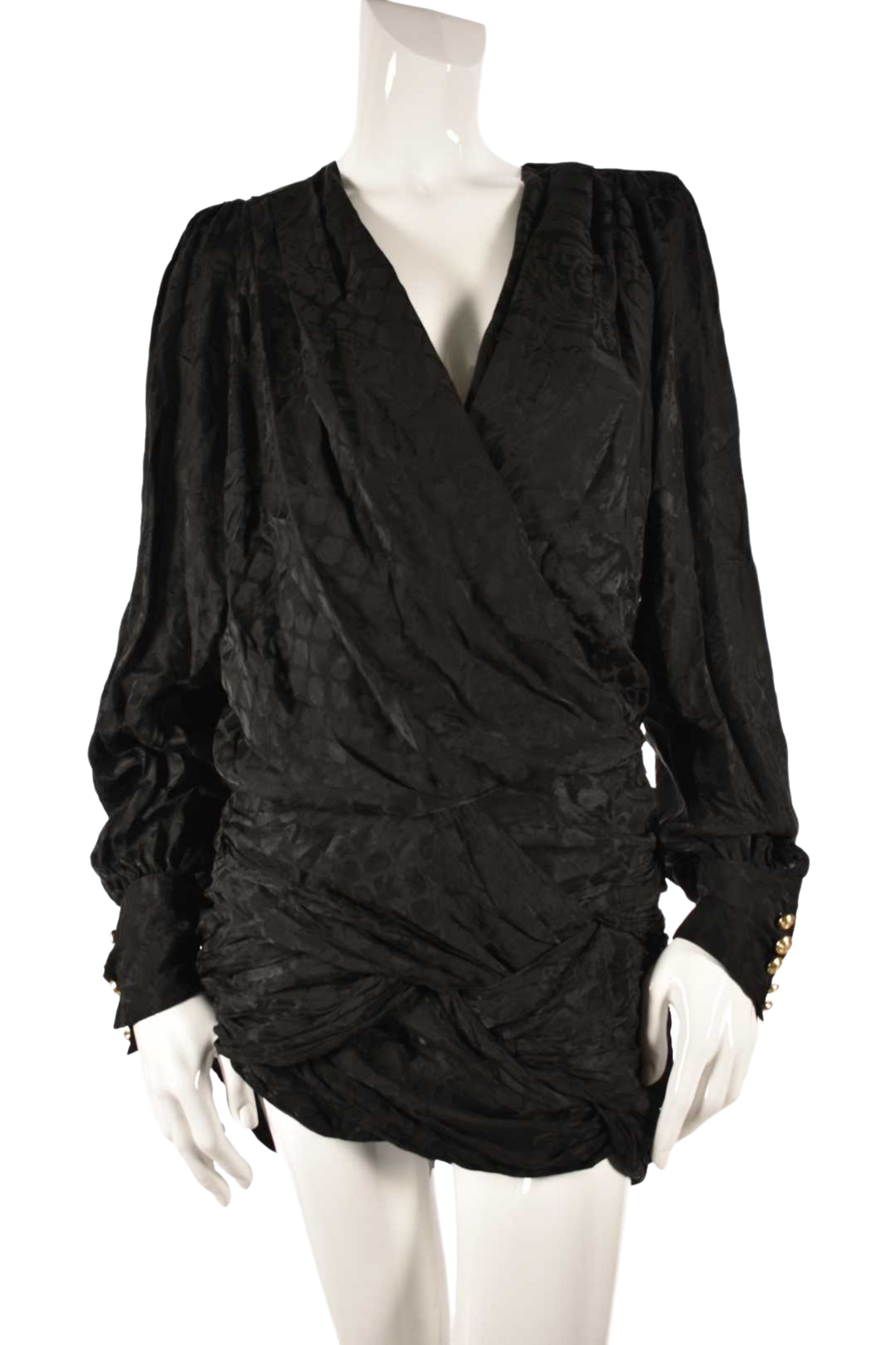 BALMAIN x H&M Black Silk Jacquard Leopard Plunge Dress 8US