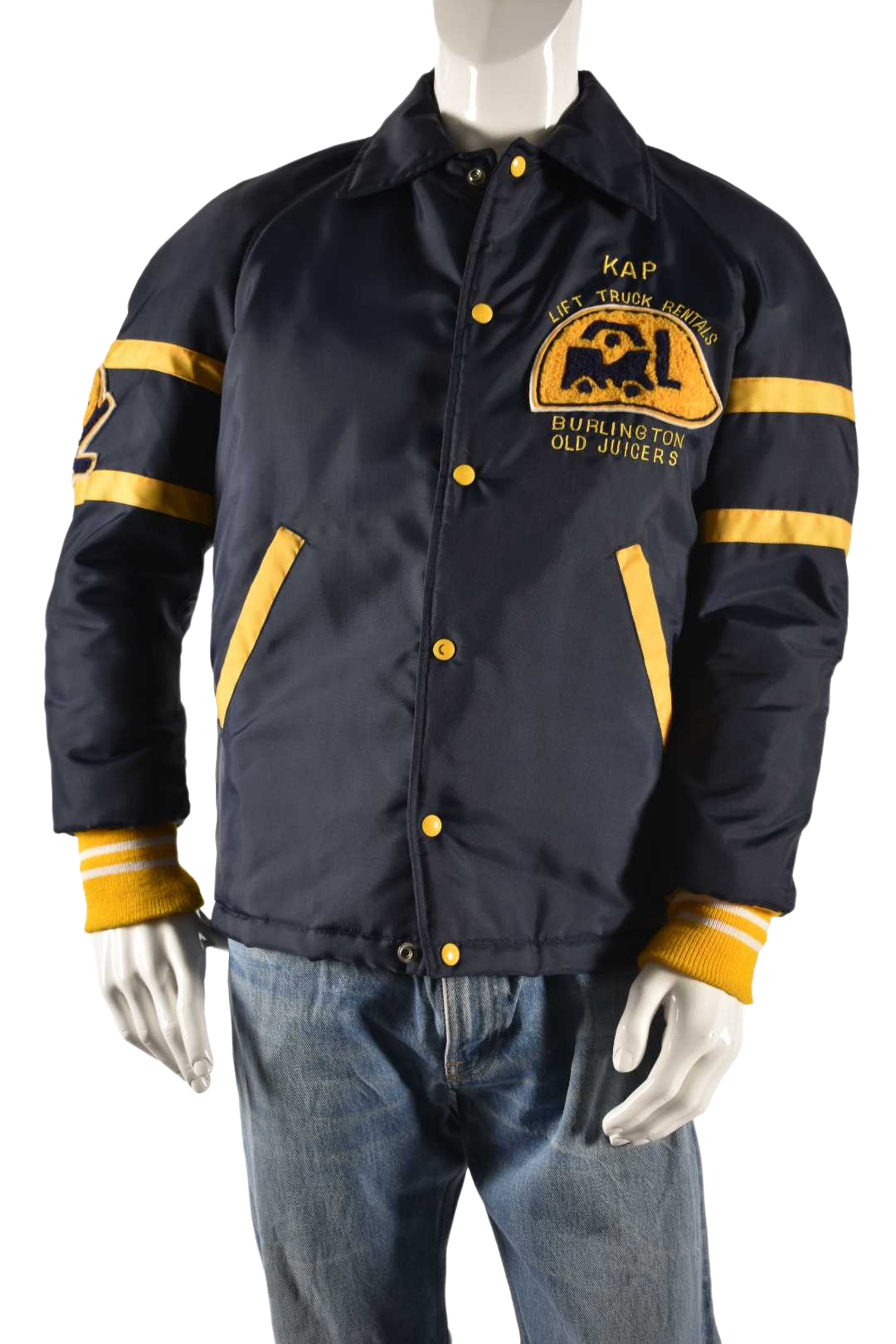 1980s BURLINGTON OLD JUICERS Navy Gold Nylon Hockey Team Jacket Medium