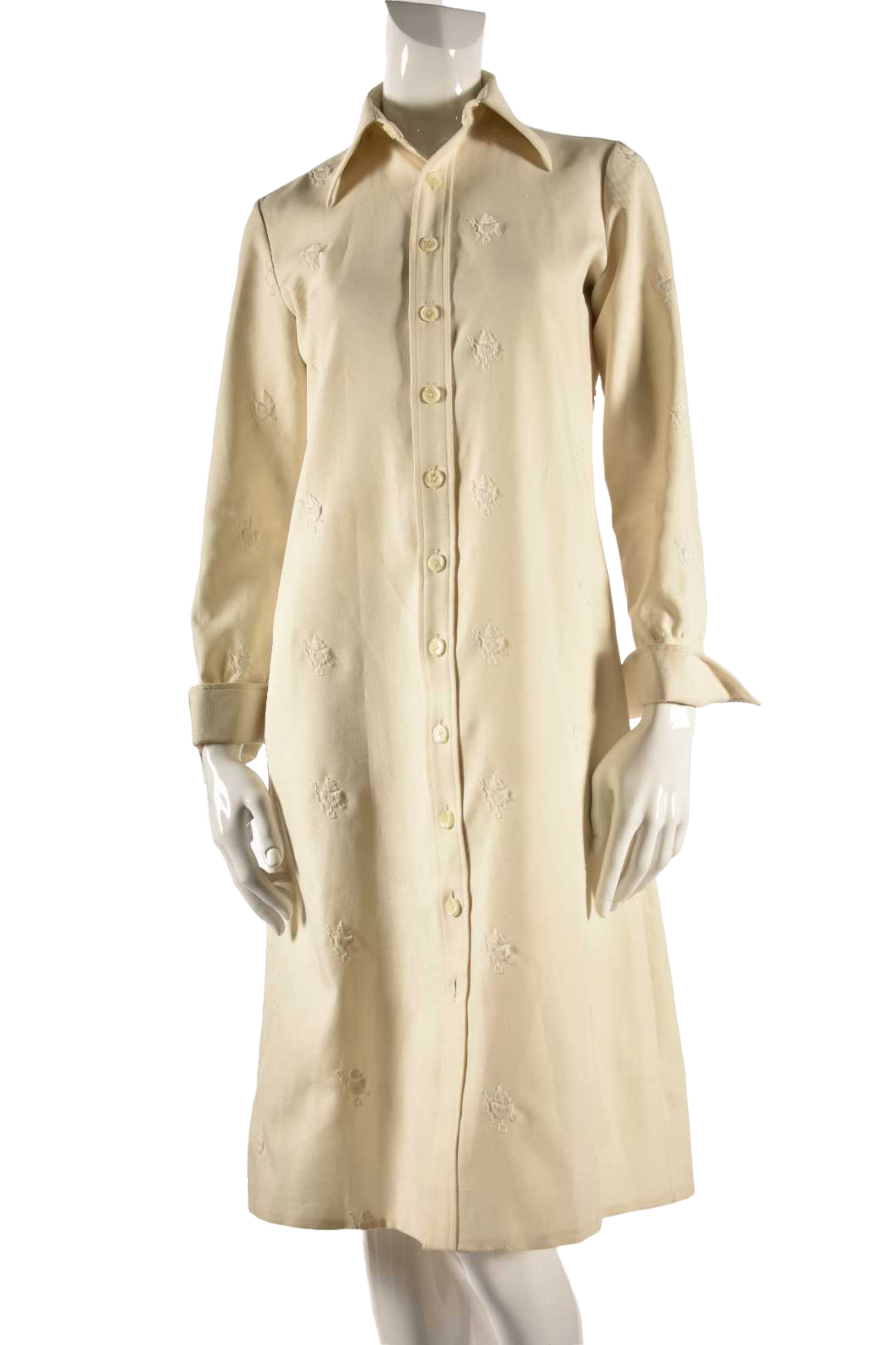 1970S BERGDORF GOODMAN Ecru Shirtmaker Embroidered Dress Medium