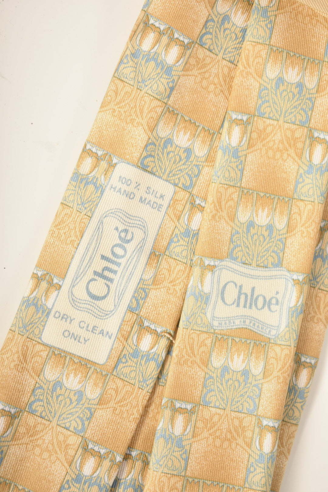 1990s CHLOE Yellow Blue Art Nouveau Floral Silk Tie France