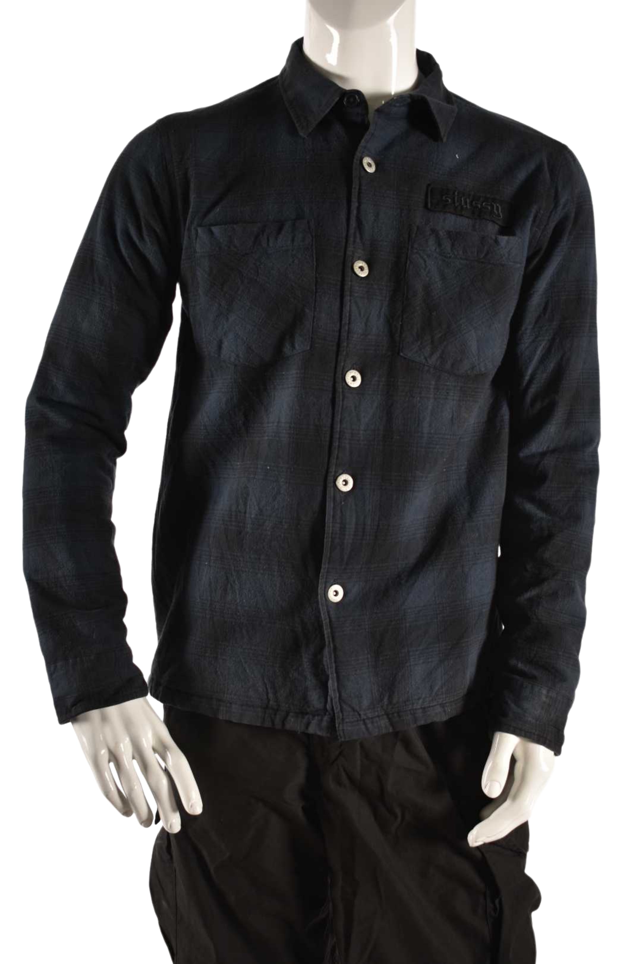2010s STUSSY Navy Check Cotton Flannel Quilted Shirt Jacket Medium