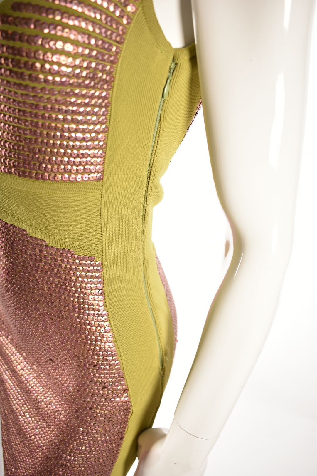 2000s HERVE LEGER Green Copper Sequin Bodycon Rayon Dress Small