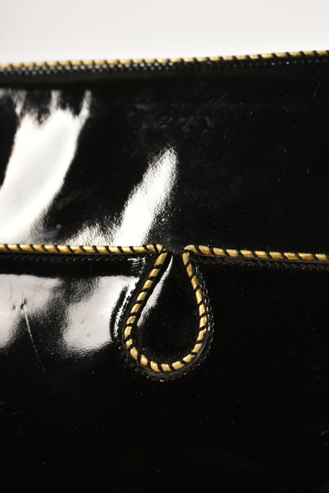 1980s BALLY Black Polished Patent Leather Roped Piping Shoulder Bag