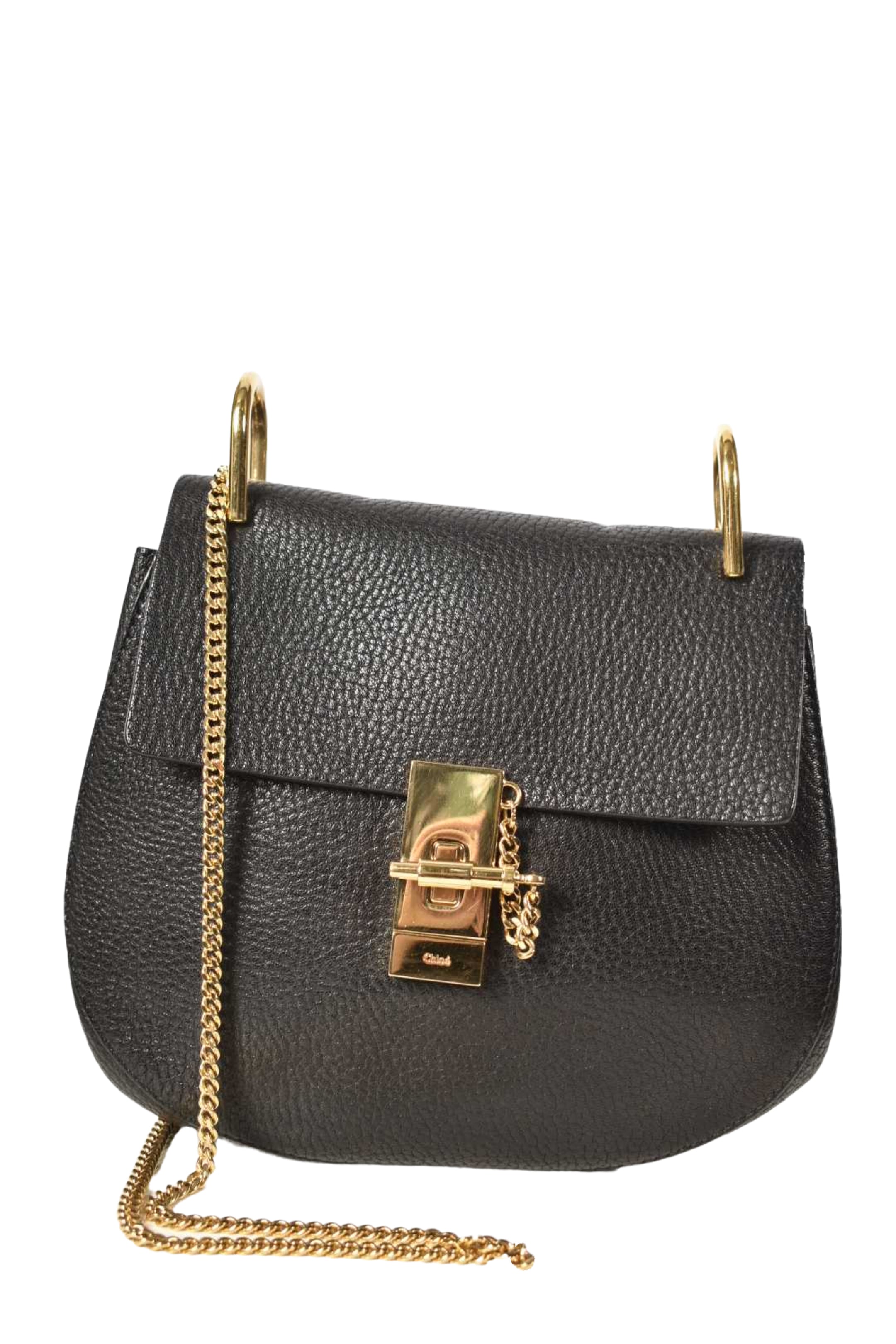 CHLOE Black Pebbled Leather Drew Bag Gold Hardware Italy