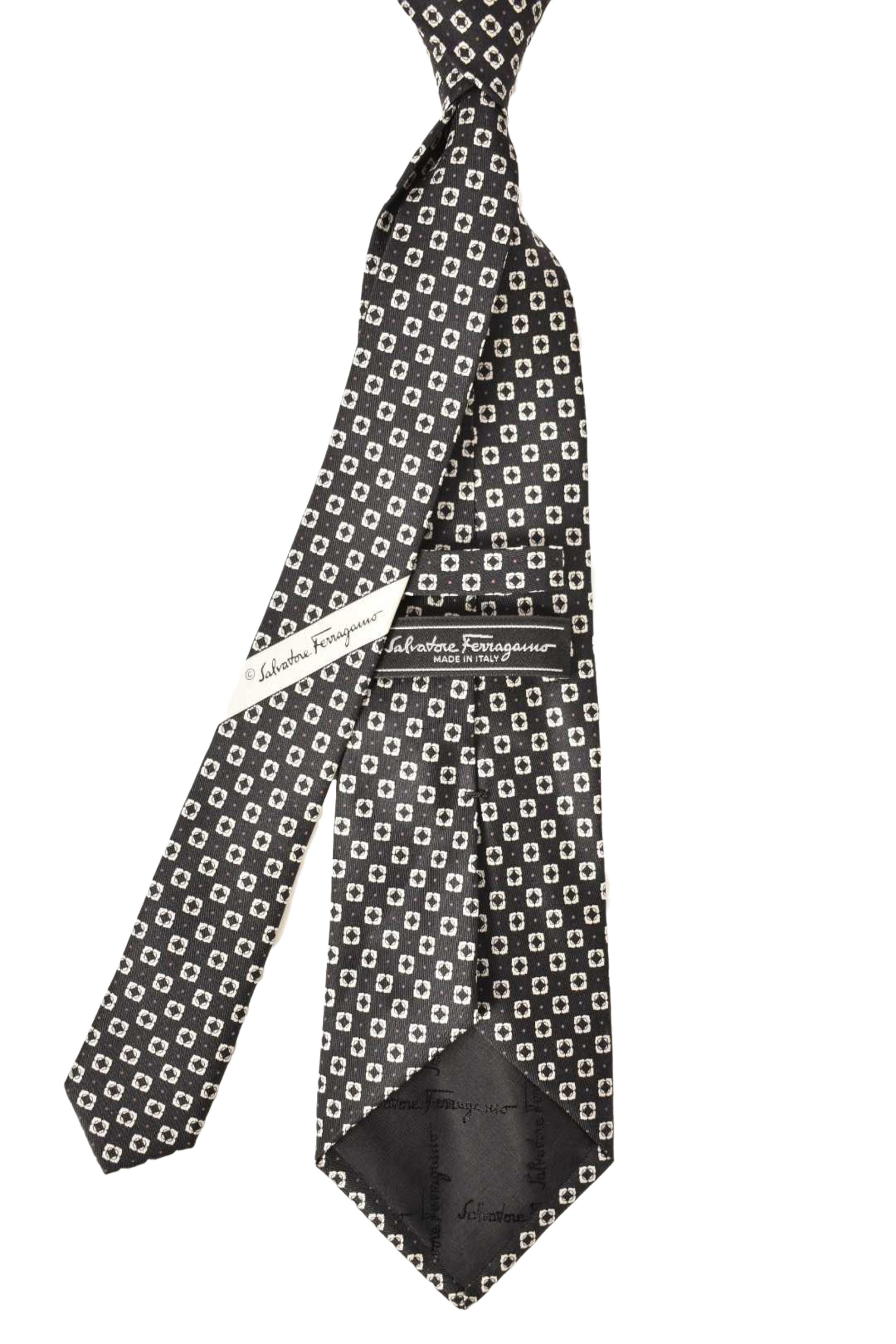 SALVATORE FERRAGAMO Black White Geometric Silk Tie Italy