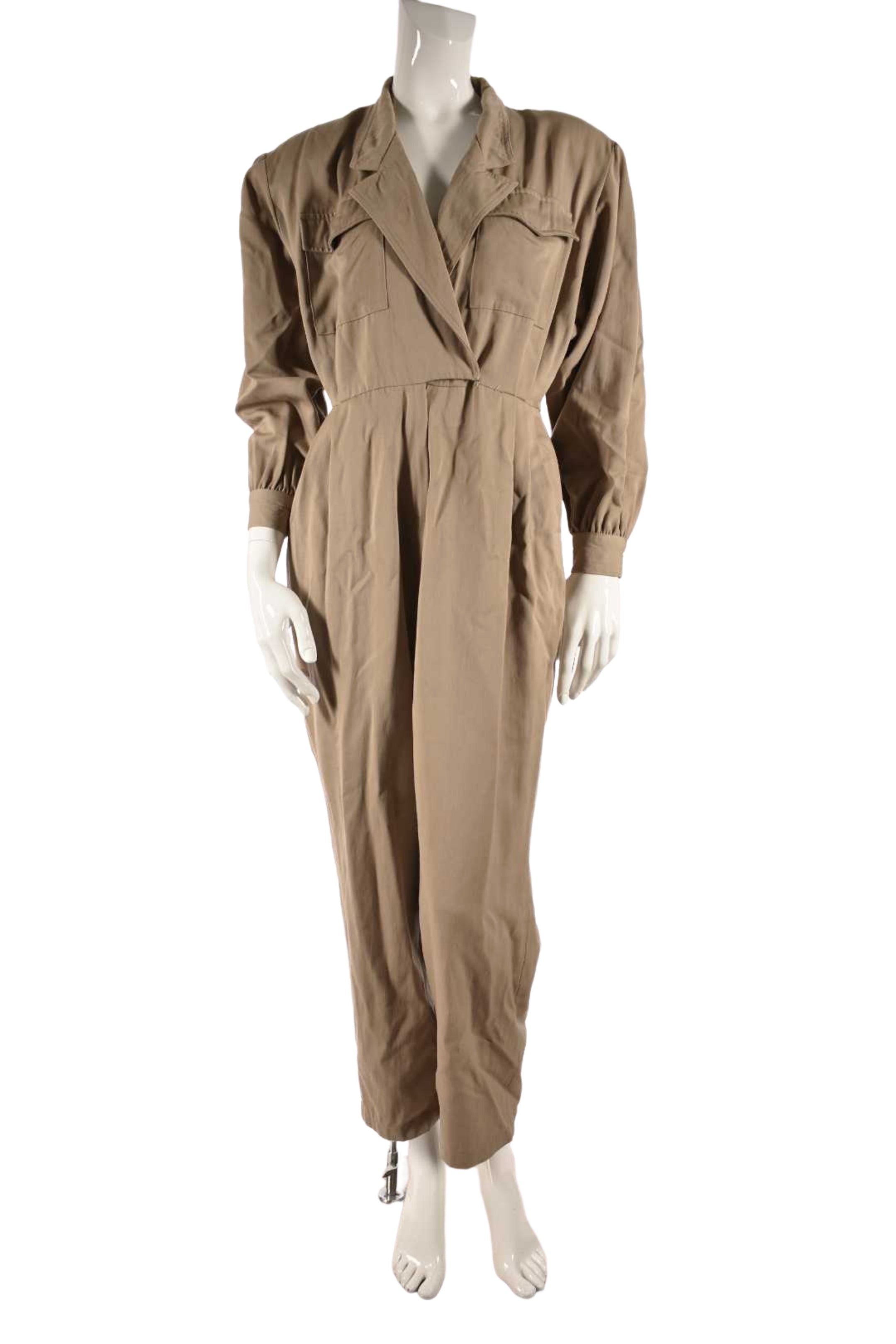 1980s BERGDORF GOODMAN Beige Tan Wool Mechanic Jumpsuit 12US USA