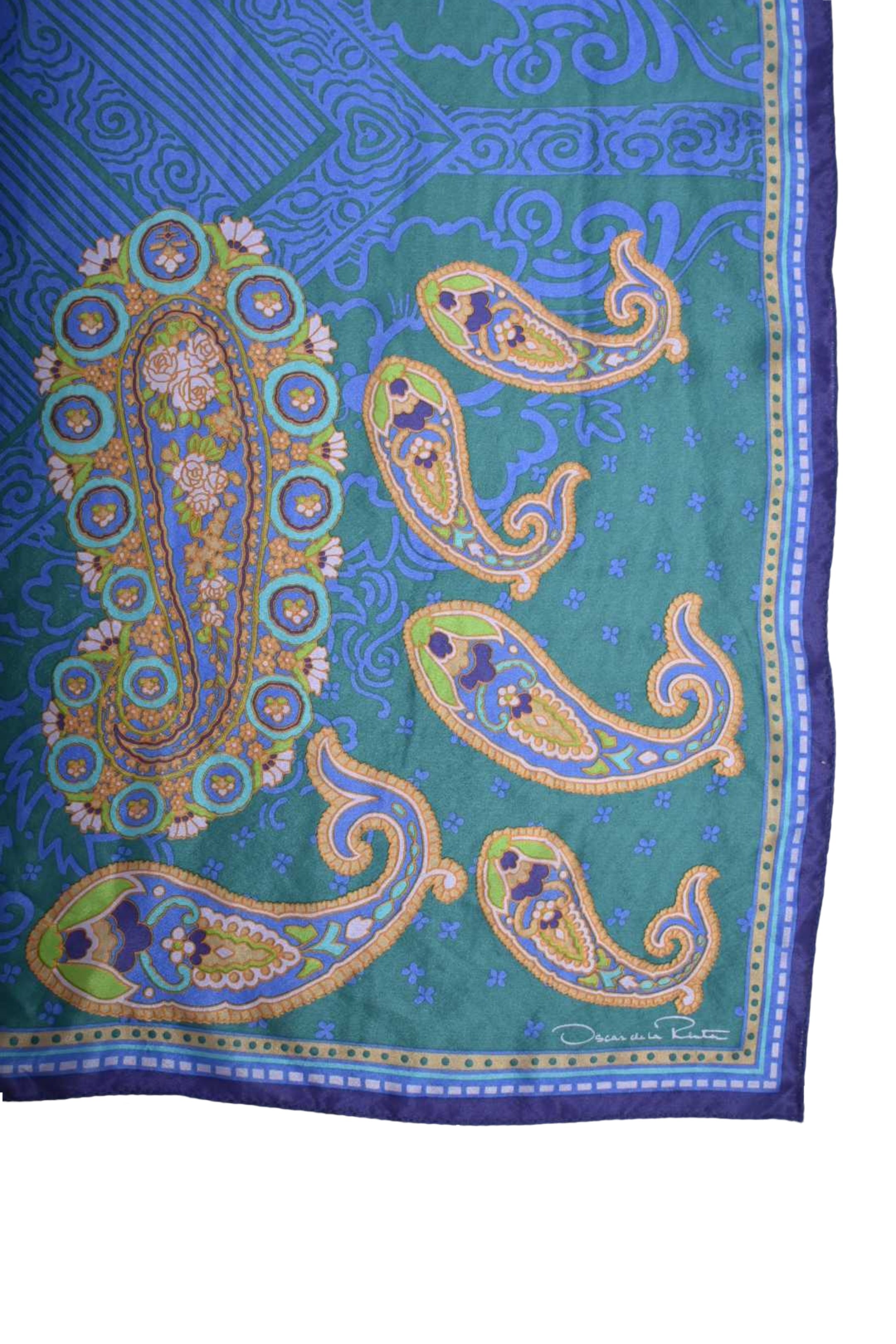 2000s OSCAR DE LA RENTA Blue Green Paisley 100% Silk Scarf 35"