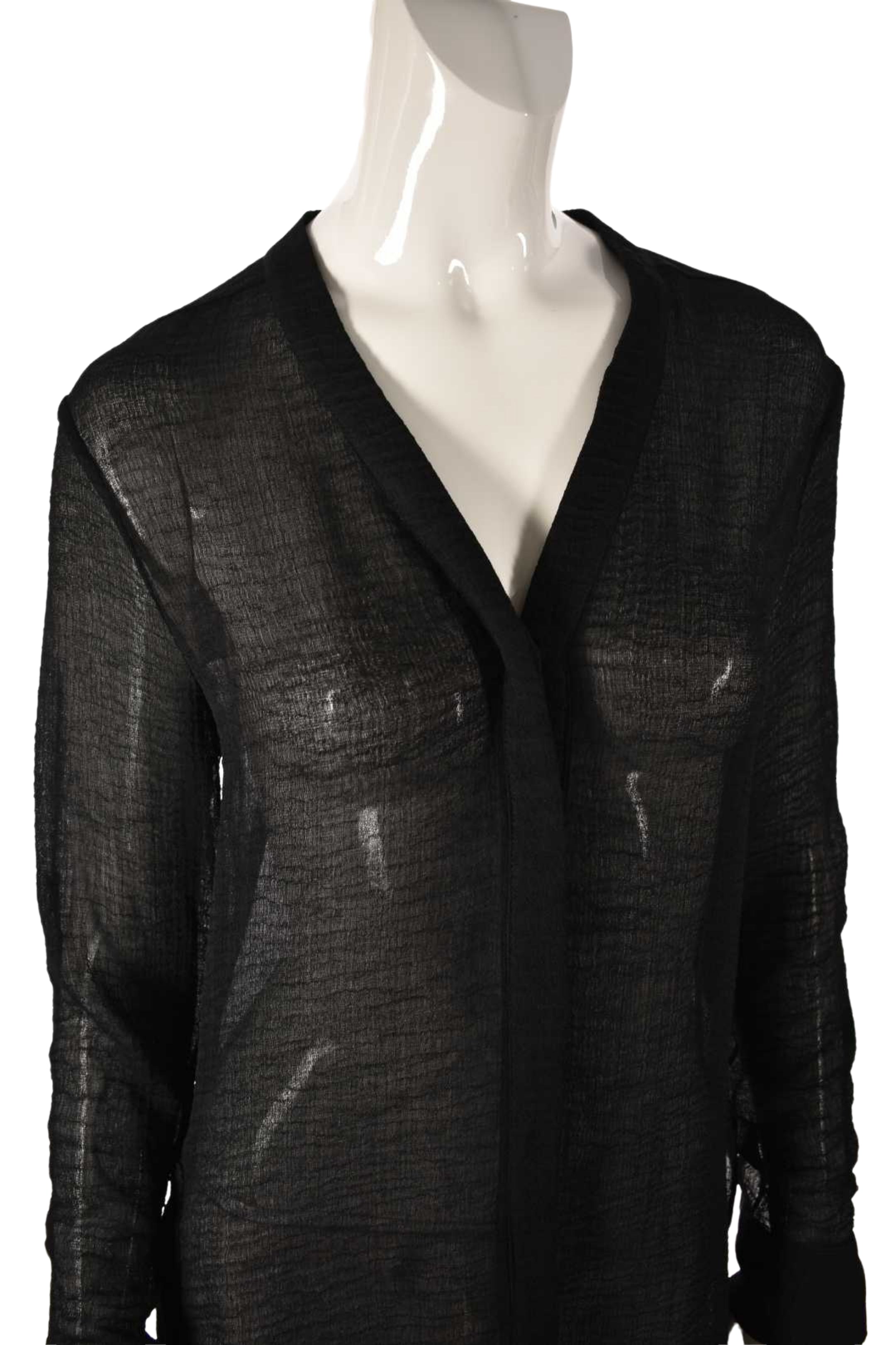 HELMUT LANG Black Sheer Crinkle Rolled 100% Silk Long Top Blouse Small 2/4 USA