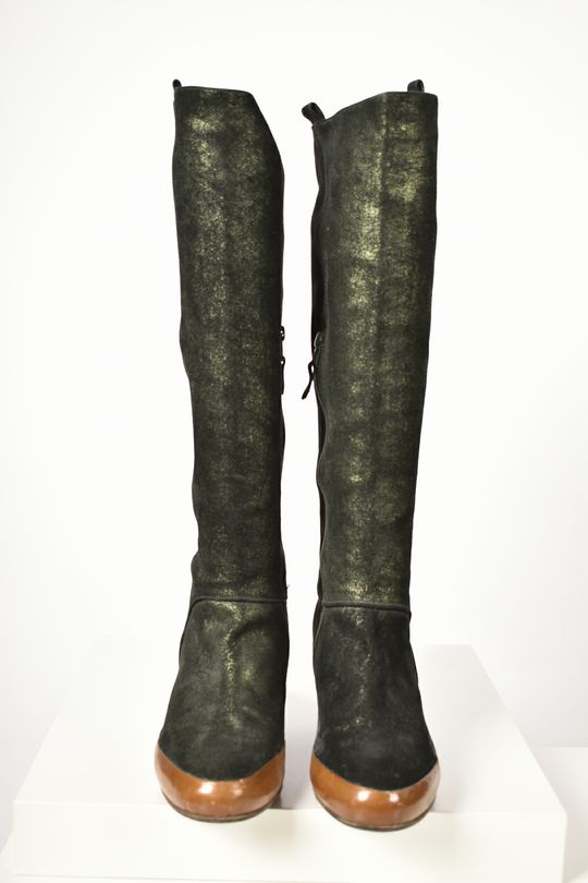 DRIES VAN NOTEN Green Metallic Leather Mid Calf  Boots 9US