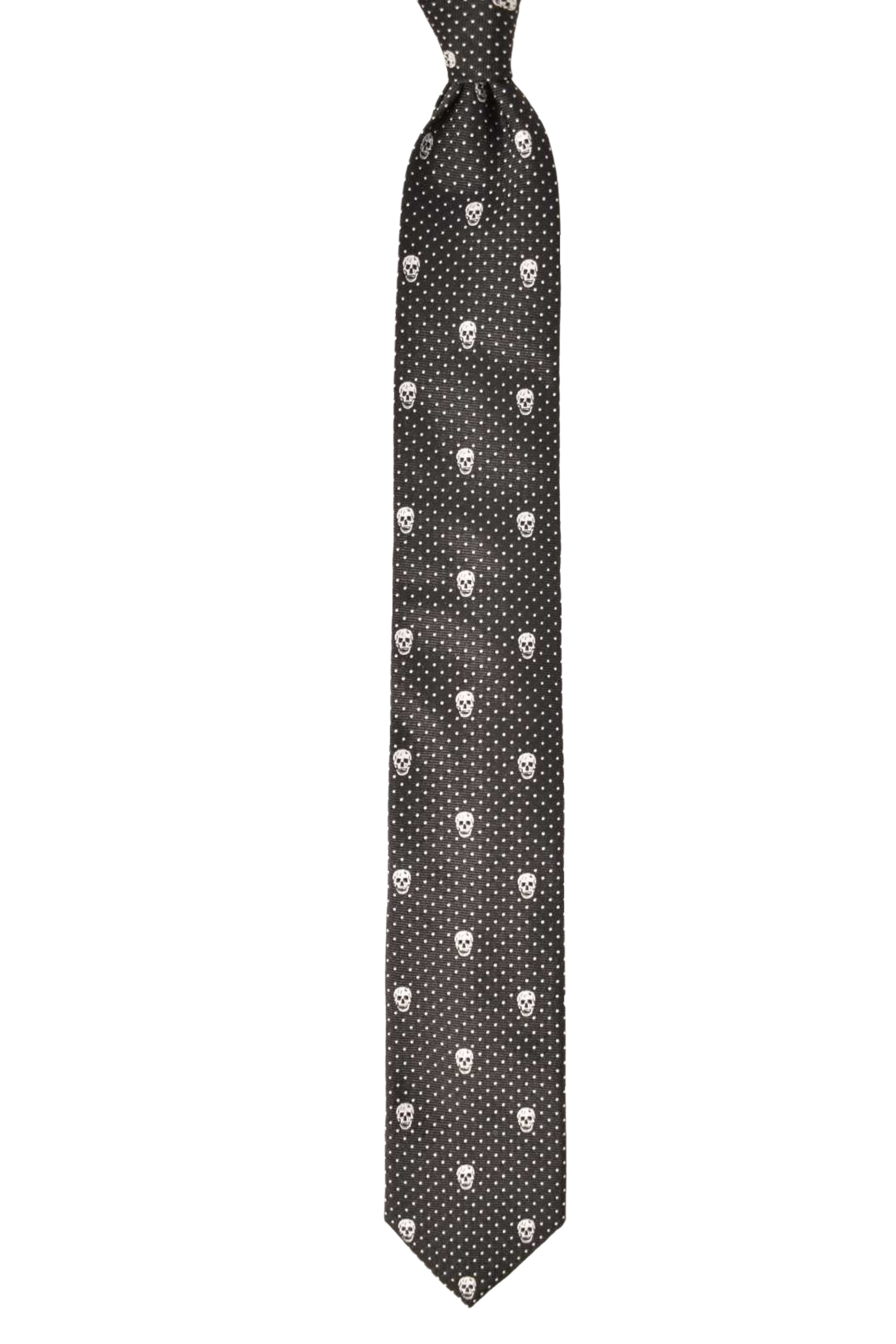 ALEXANDER MCQUEEN Black White Signature Skull Skinny Silk Tie Italy