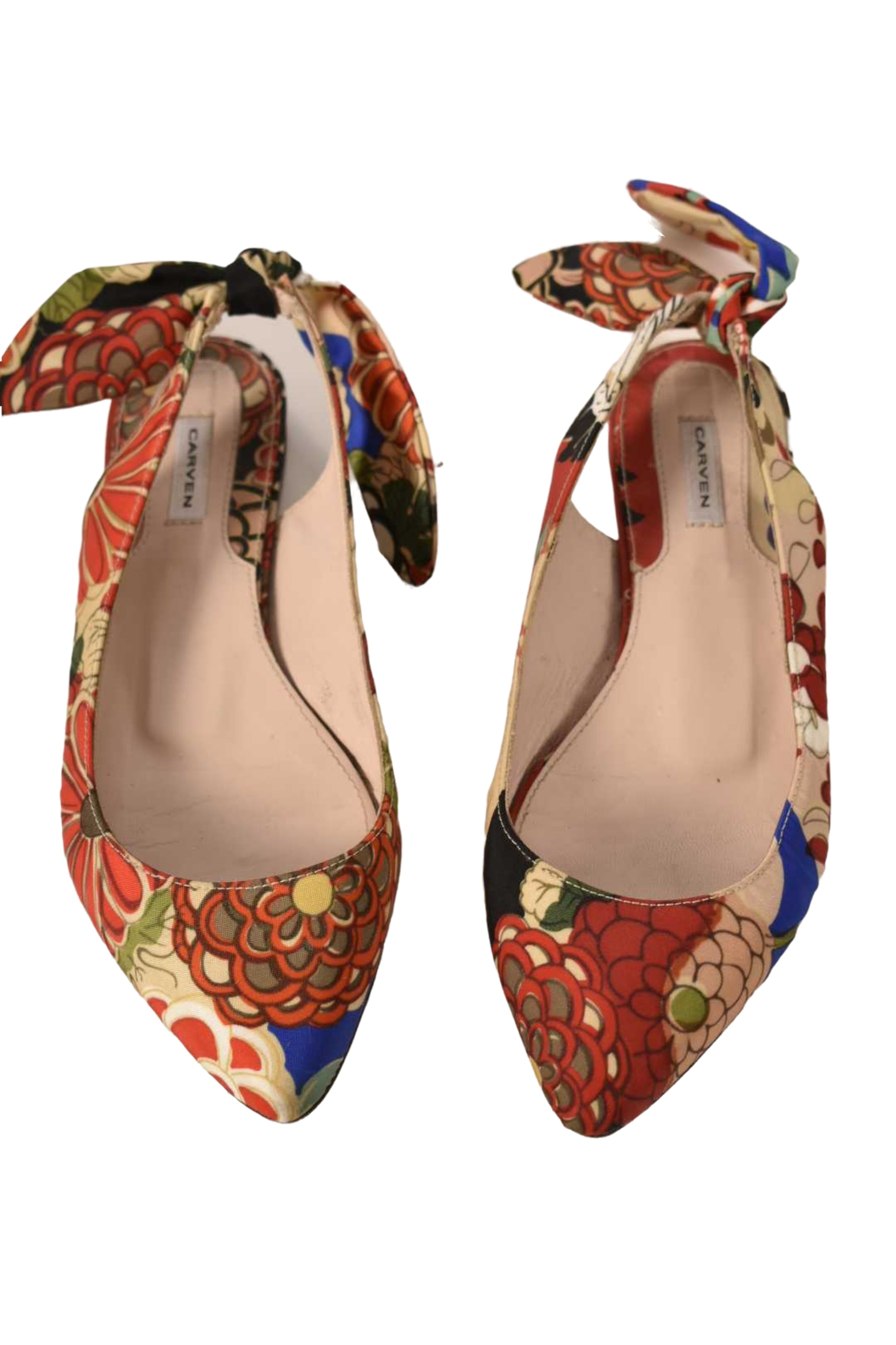 CARVEN Beige Red Multi Pointed Nylon Slingback Floral Riviera Flat  7.5US Italy