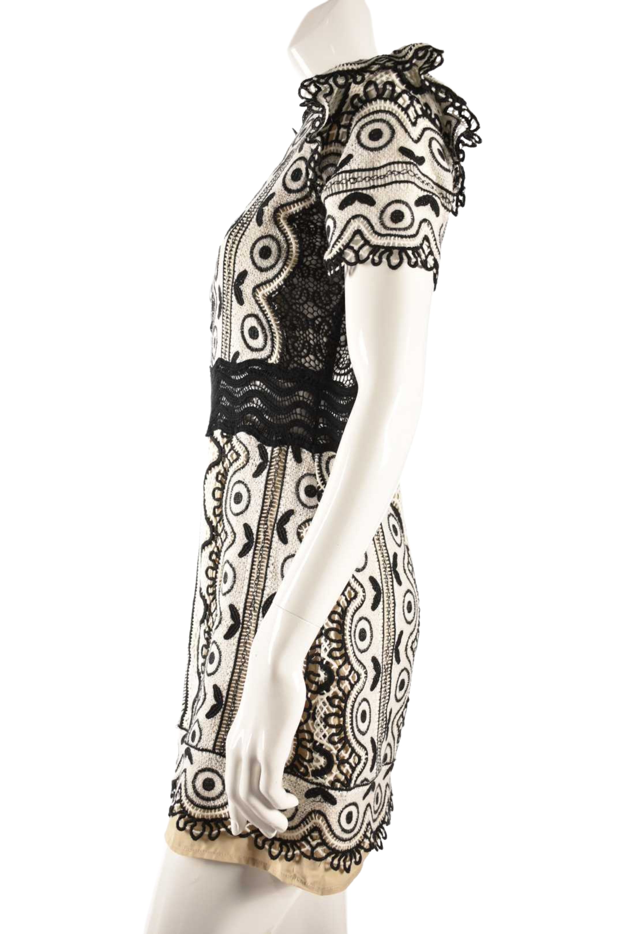 SEA New York Black White Crochet Boho Fitted Mini Dress 4US
