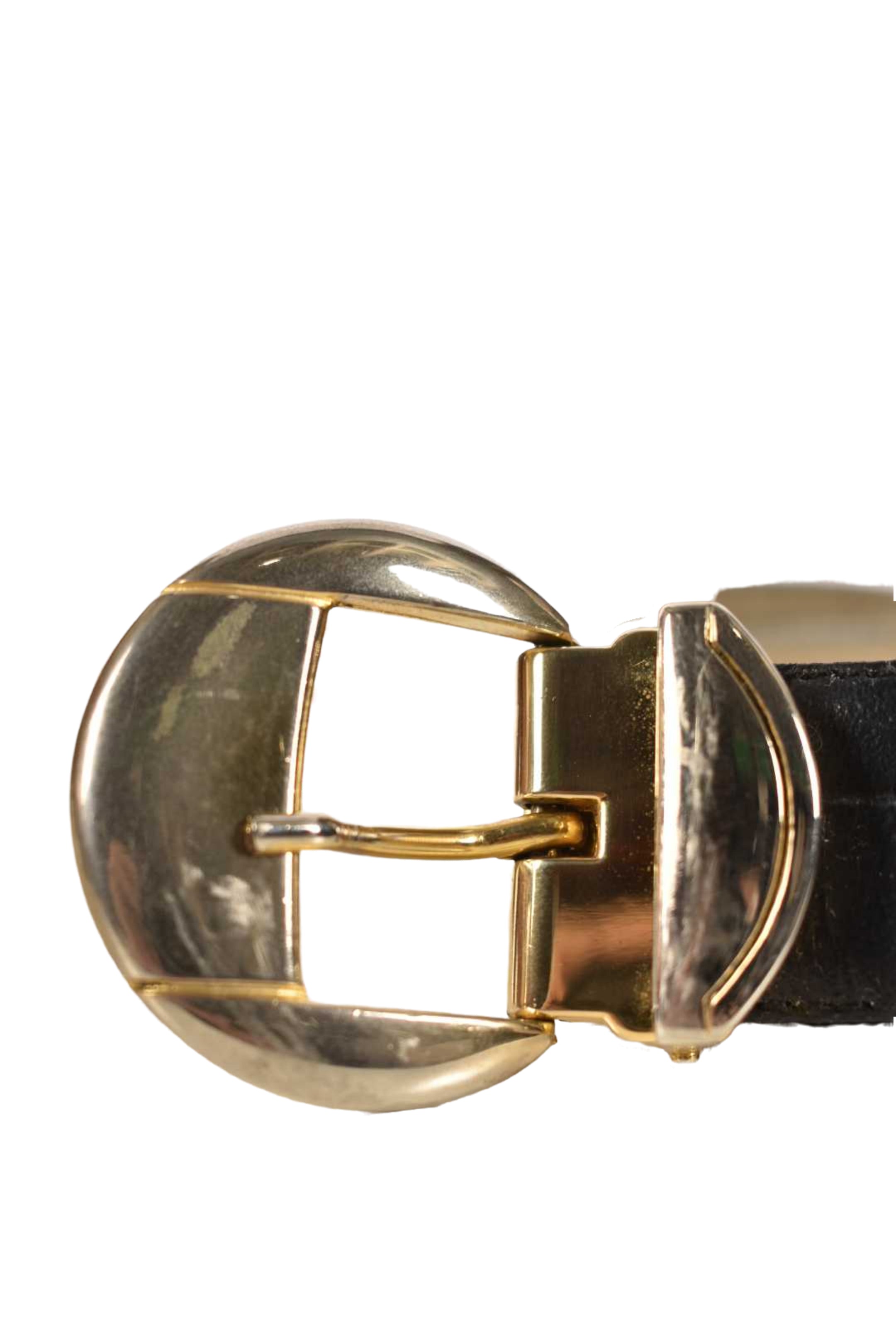 1980s AQUASCUTUM Navy Leather Croc Embossed Polished Brass Buckle Belt 34" Italy