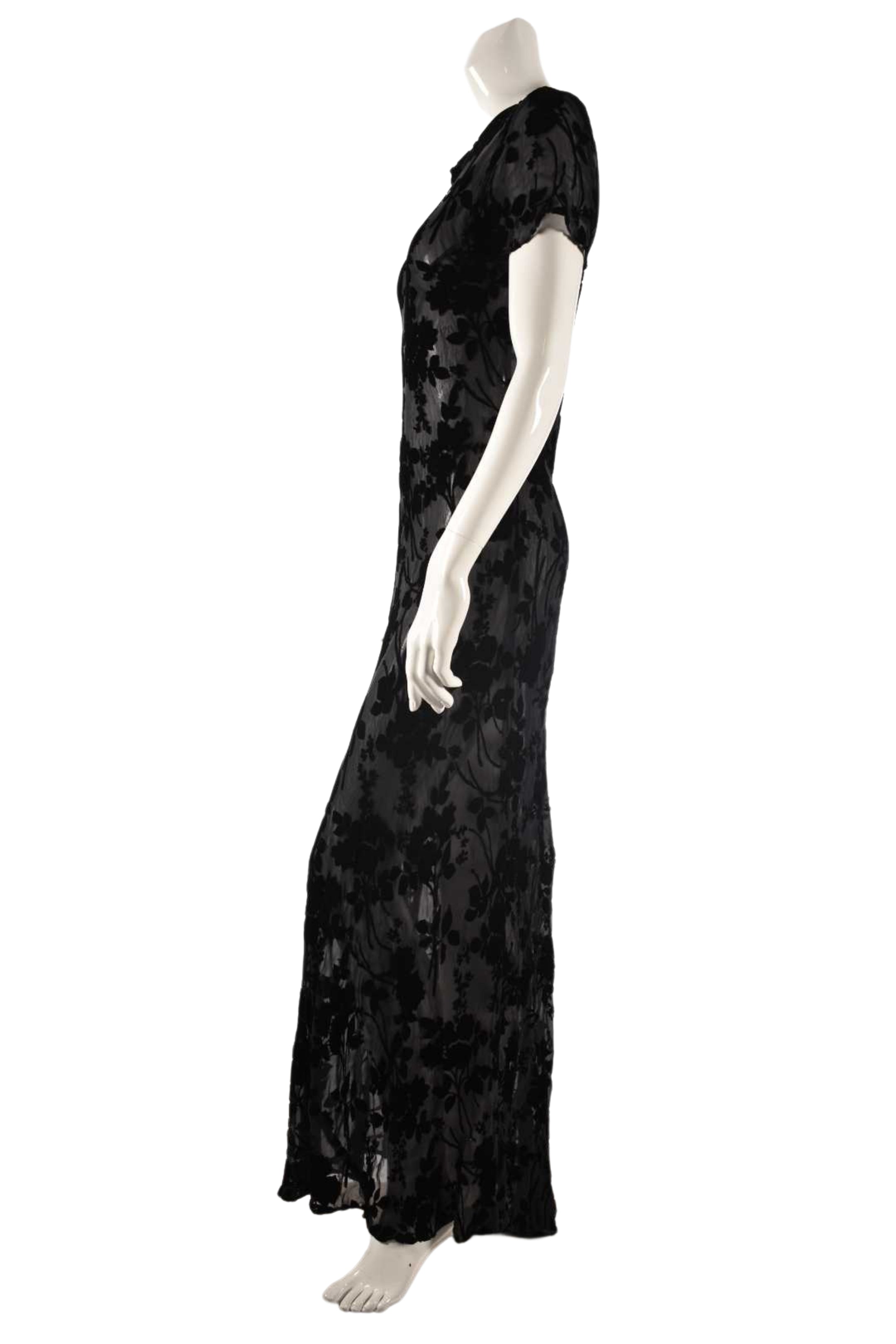 1990s Black Sheer Goth Flocked Floral Gown w/ Slip 4US Small