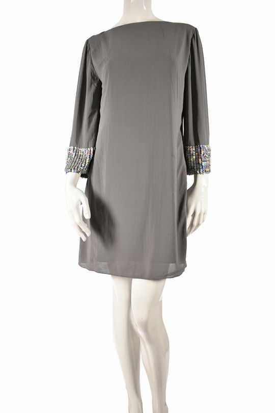 Alice + Olivia Silk Grey Shift with Sequin Cuffs