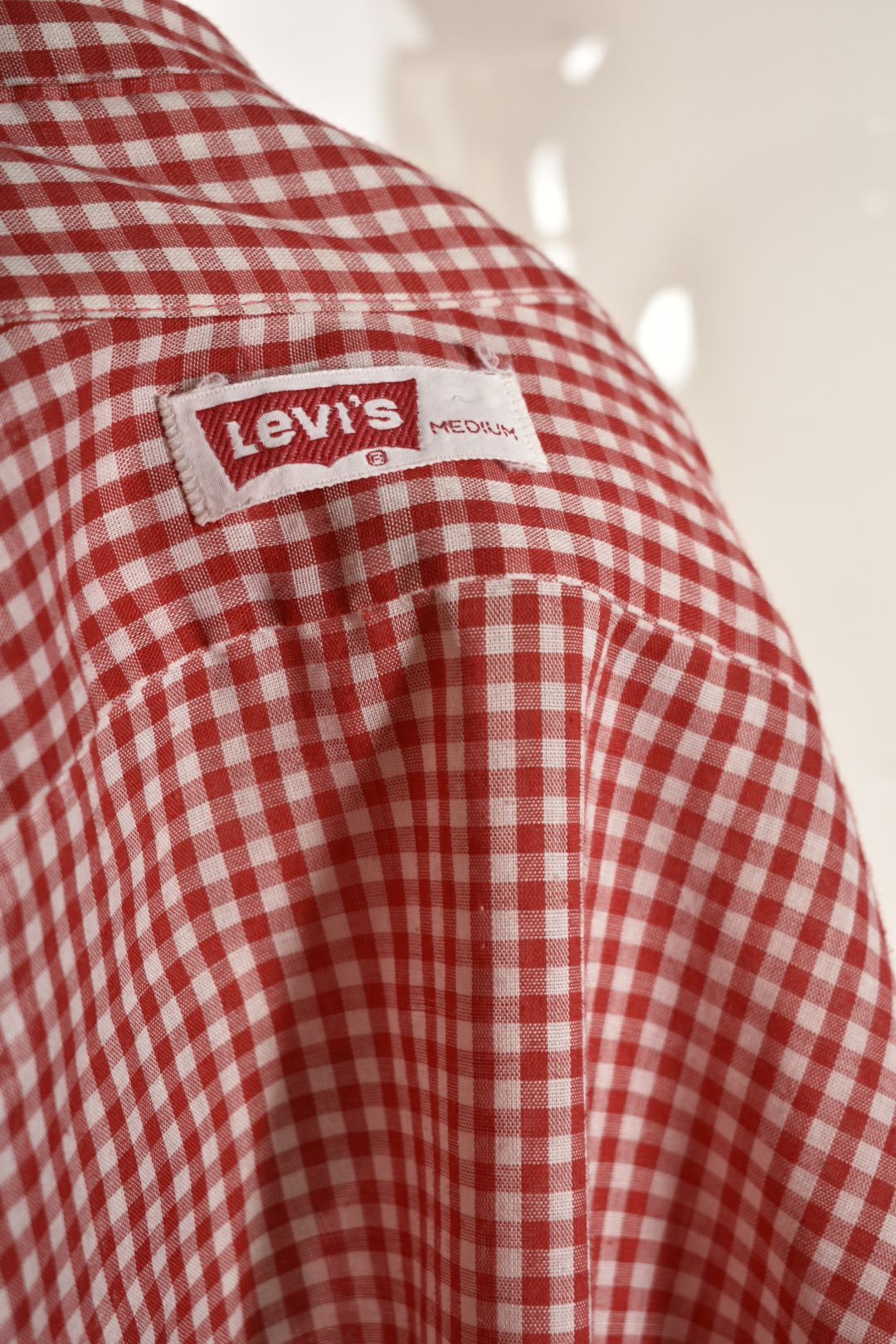 1970s LEVI'S Red Cotton Blend Gingham Western Tablecloth Picnic Shirt Small USA