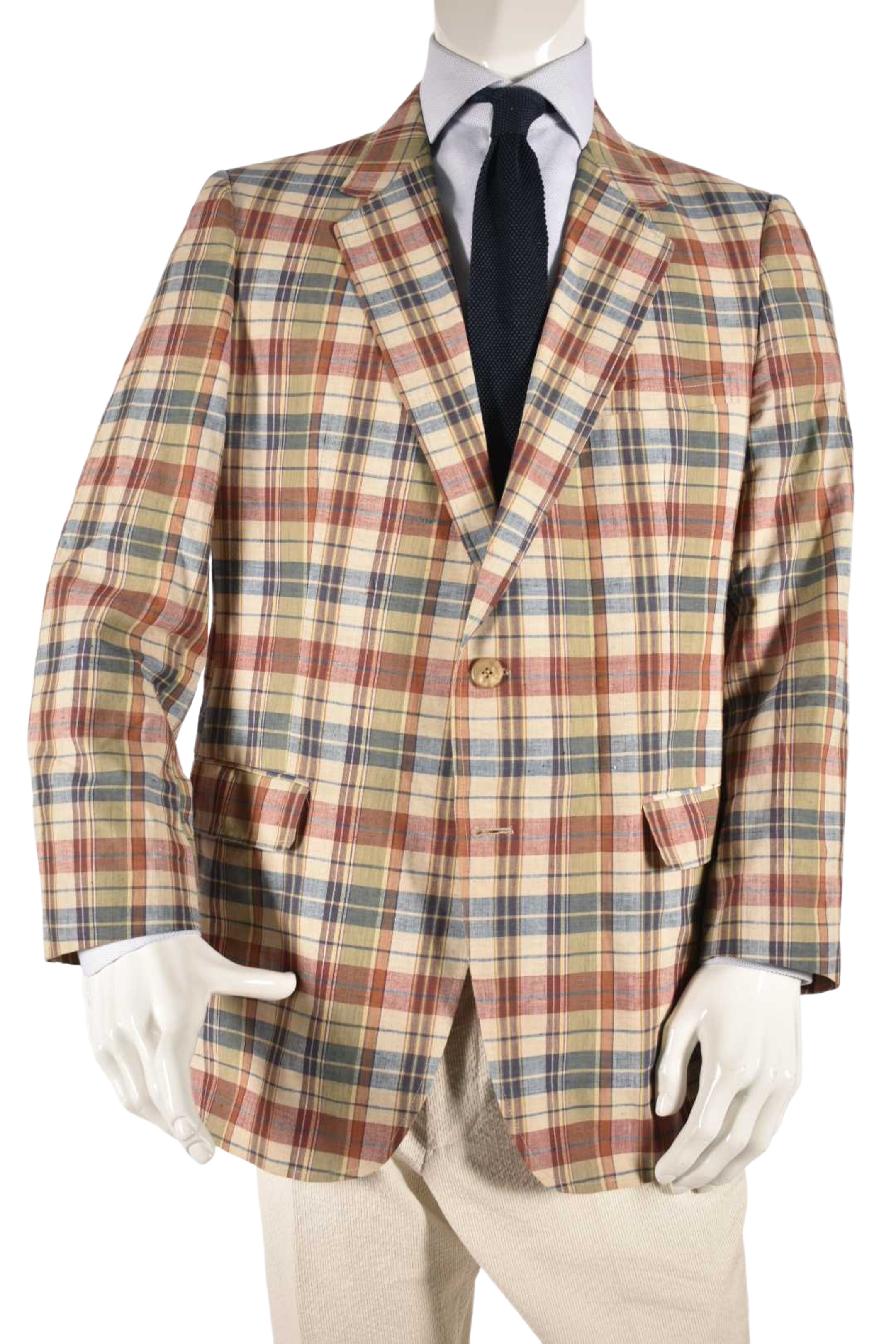 1970s HASPEL Tan Blue Red Check Cotton Madras Preppy Blazer 44R USA