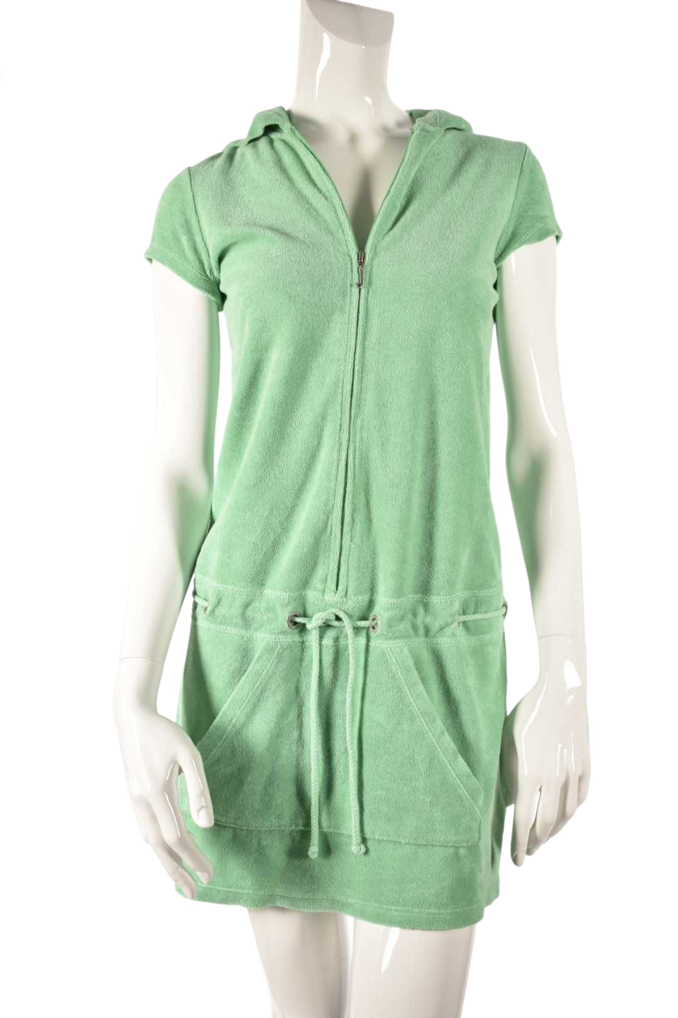 2000s Y2K JUICY COUTURE Green Cotton Terry Hooded Zip Beach Mini Dress Medium