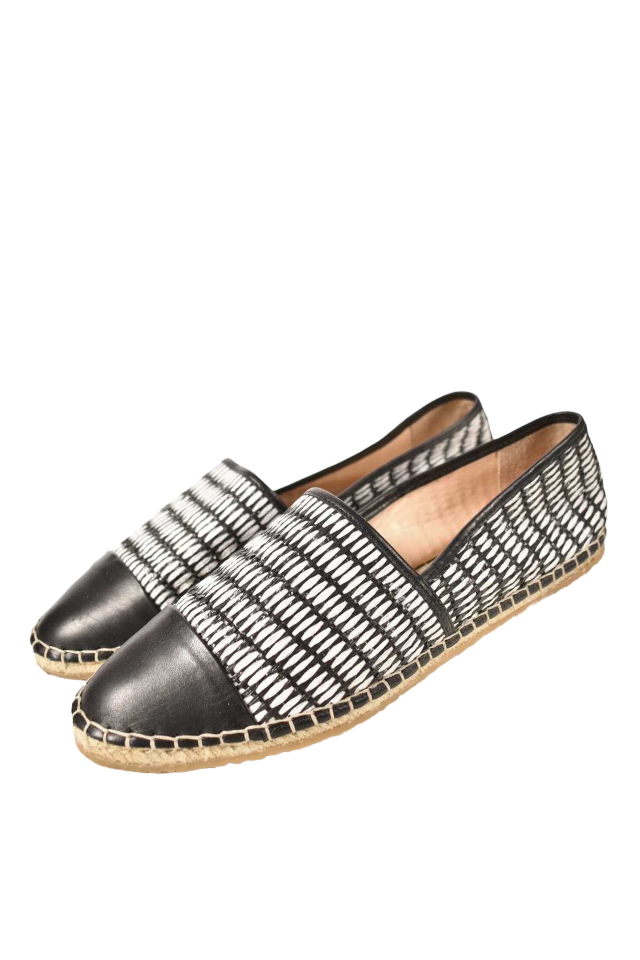 NWOB LOEFFLER RANDALL Black White Straw Leather Espadrilles Flats 9US