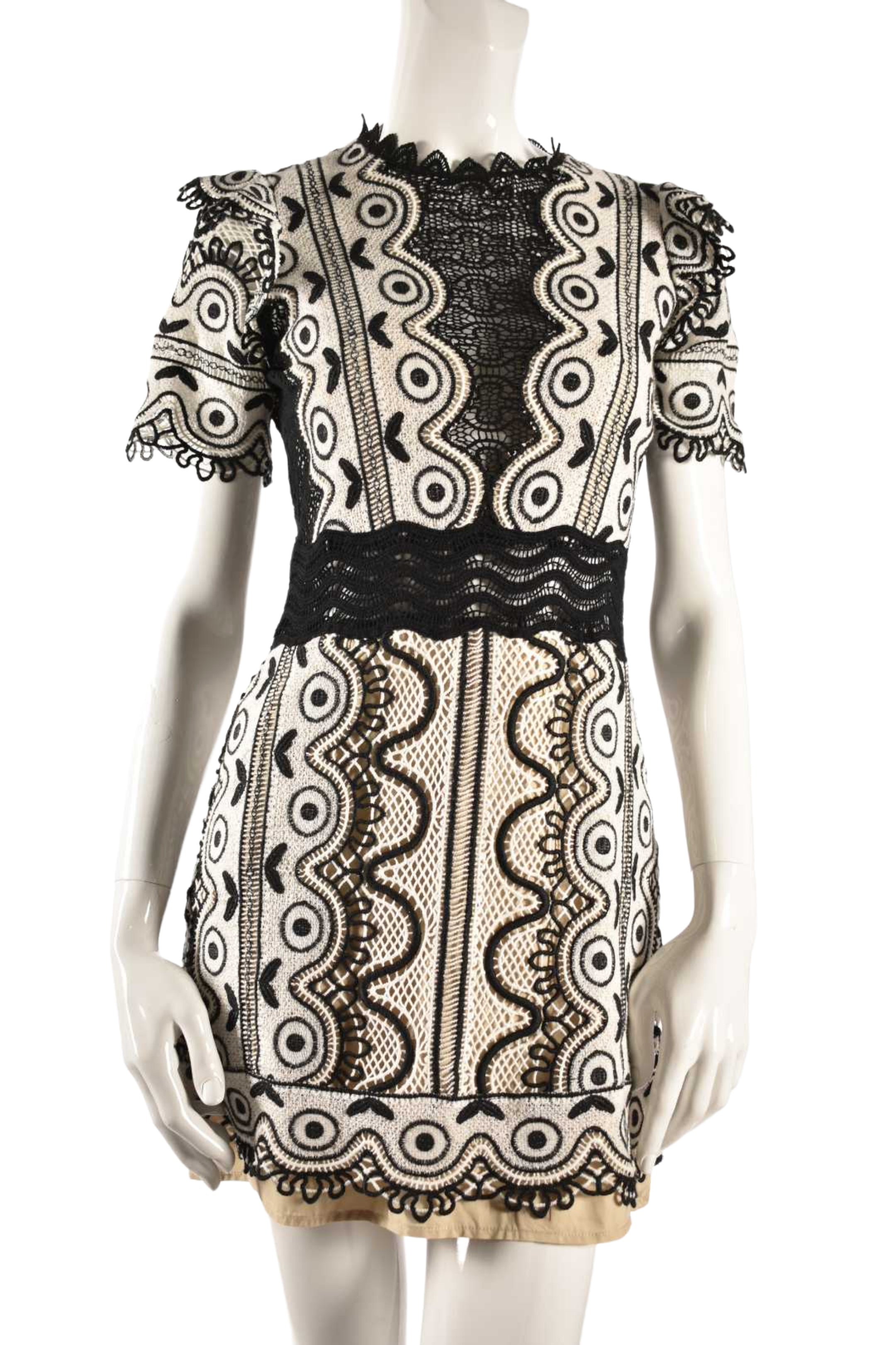 SEA New York Black White Crochet Boho Fitted Mini Dress 4US