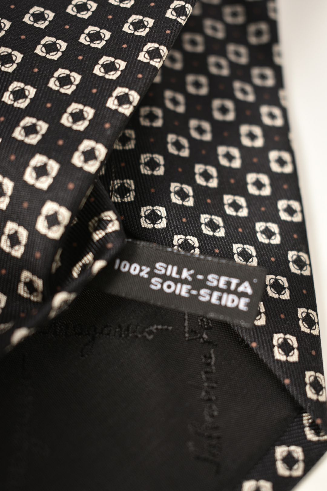 SALVATORE FERRAGAMO Black White Geometric Silk Tie Italy