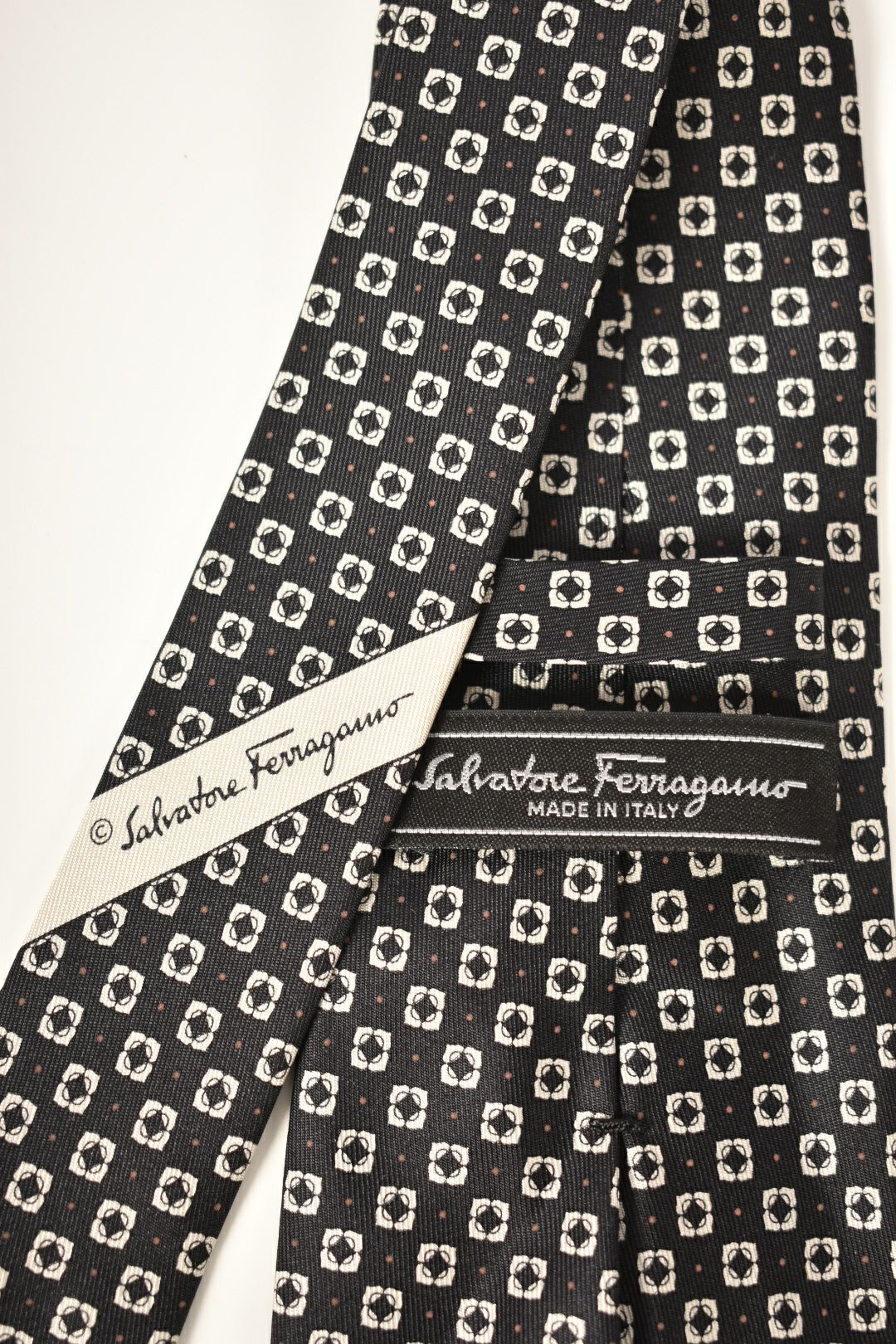 SALVATORE FERRAGAMO Black White Geometric Silk Tie Italy