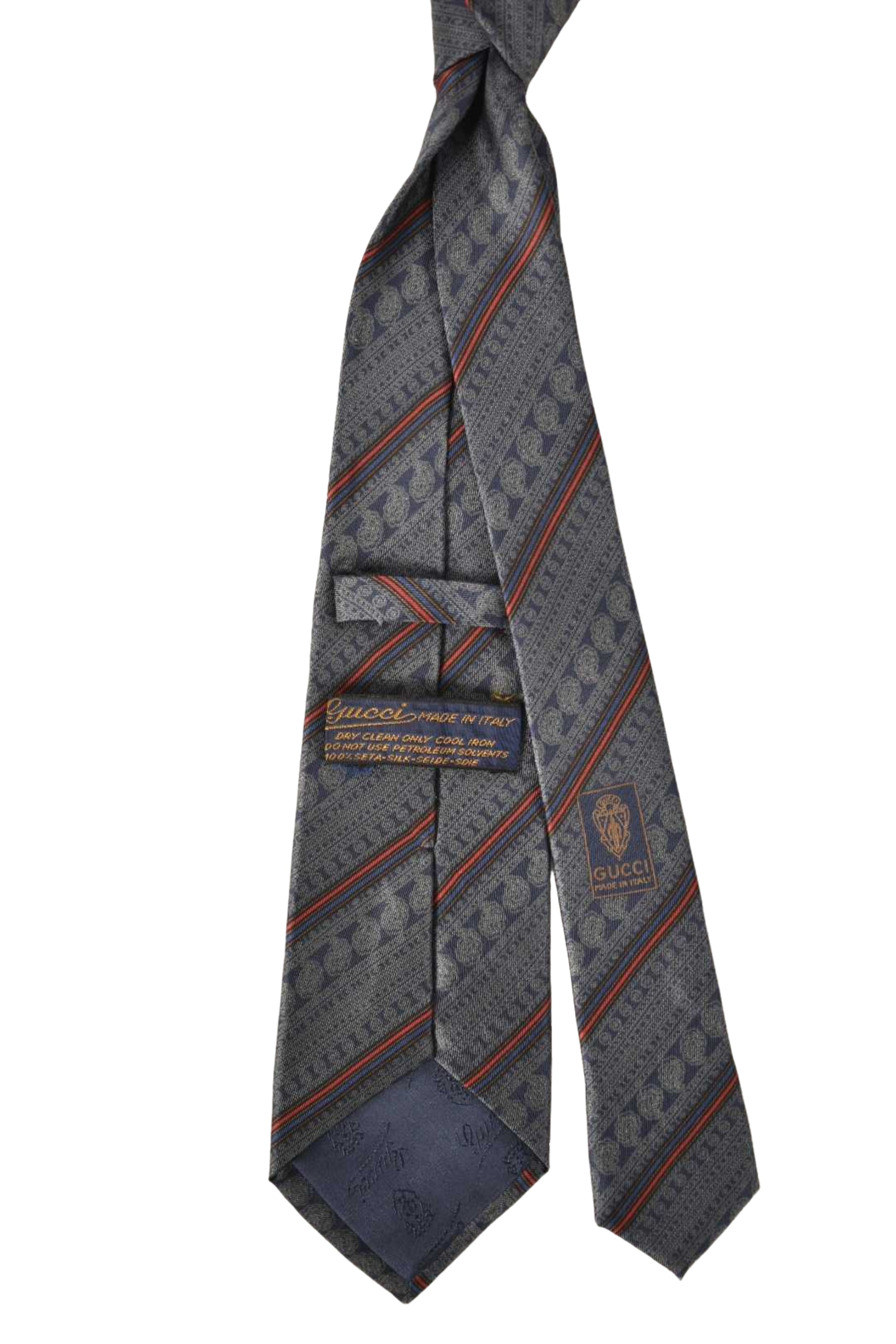 1980s GUCCI Navy Red Paisley Stripe 100% Silk Tie Italy