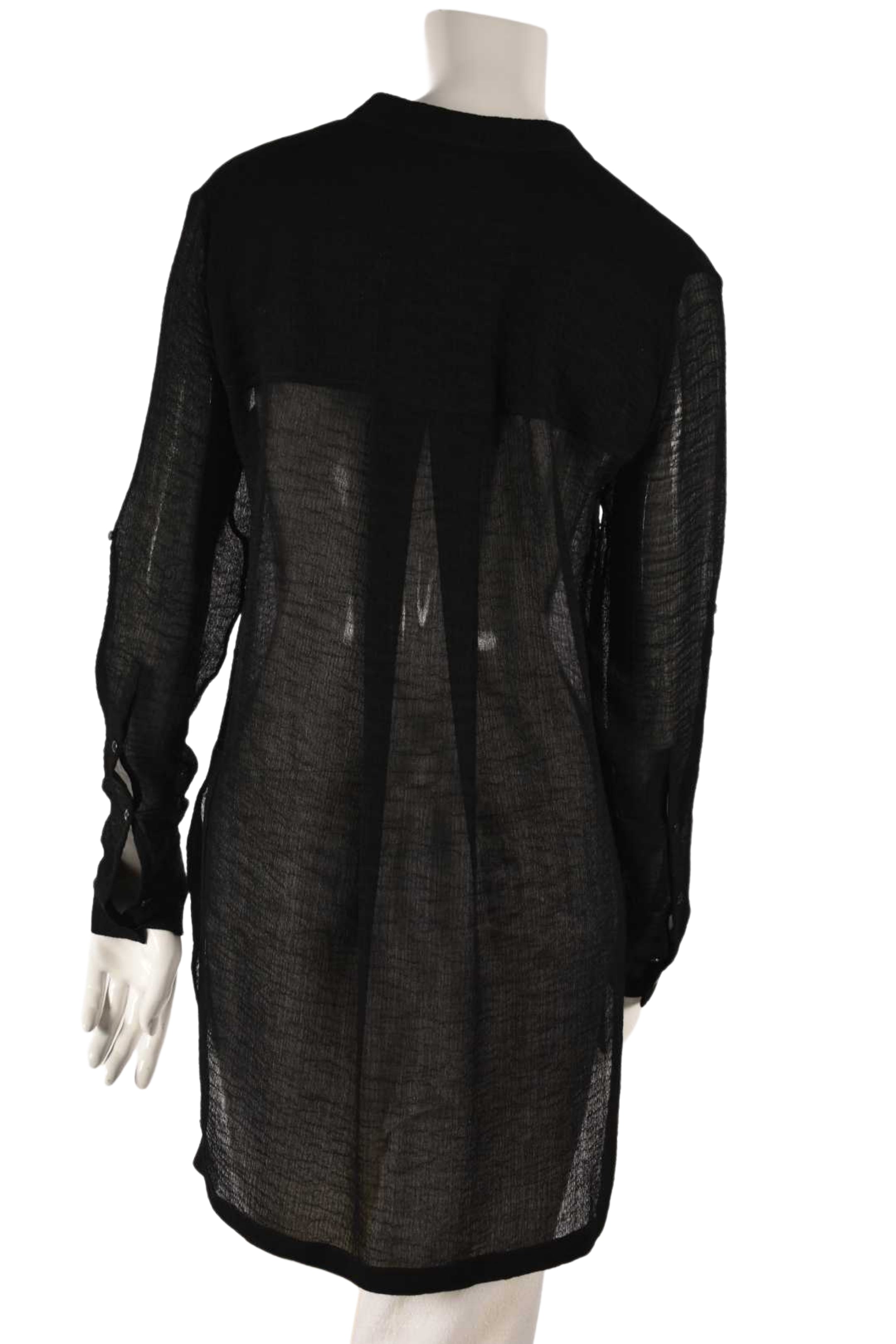 HELMUT LANG Black Sheer Crinkle Rolled 100% Silk Long Top Blouse Small 2/4 USA