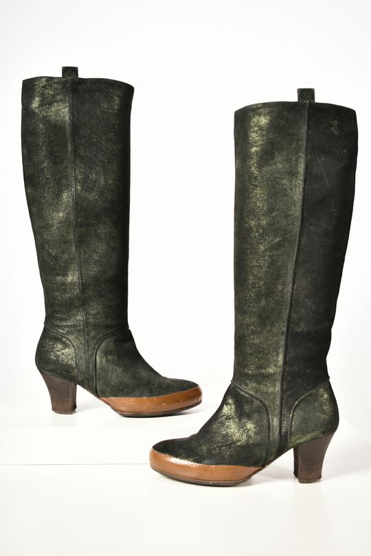 DRIES VAN NOTEN Green Metallic Leather Mid Calf  Boots 9US