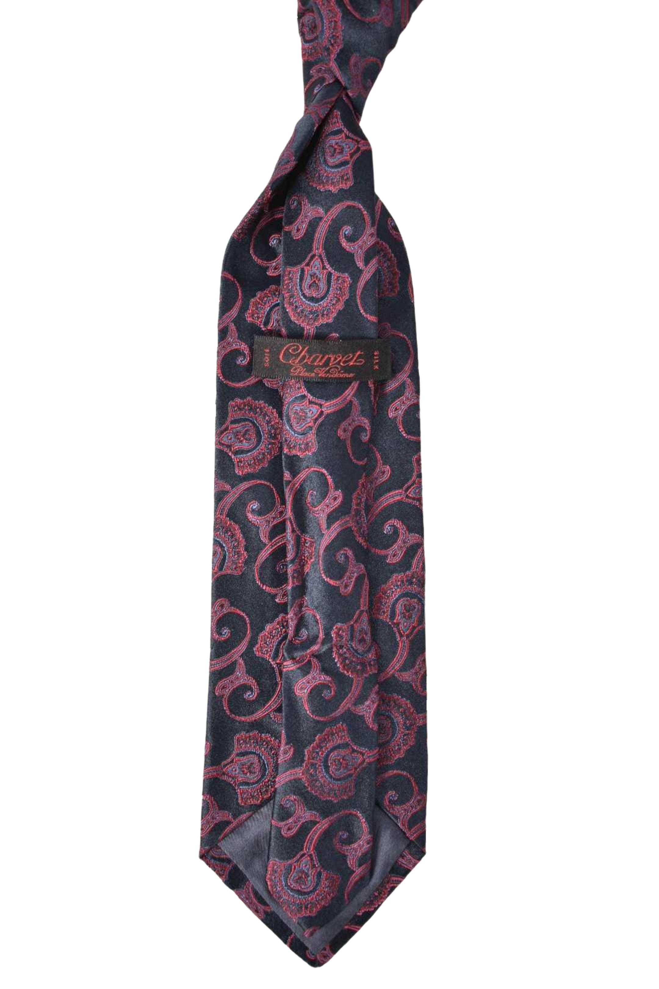 CHARVET Navy Red Paisley Fan Evening Silk Tie France