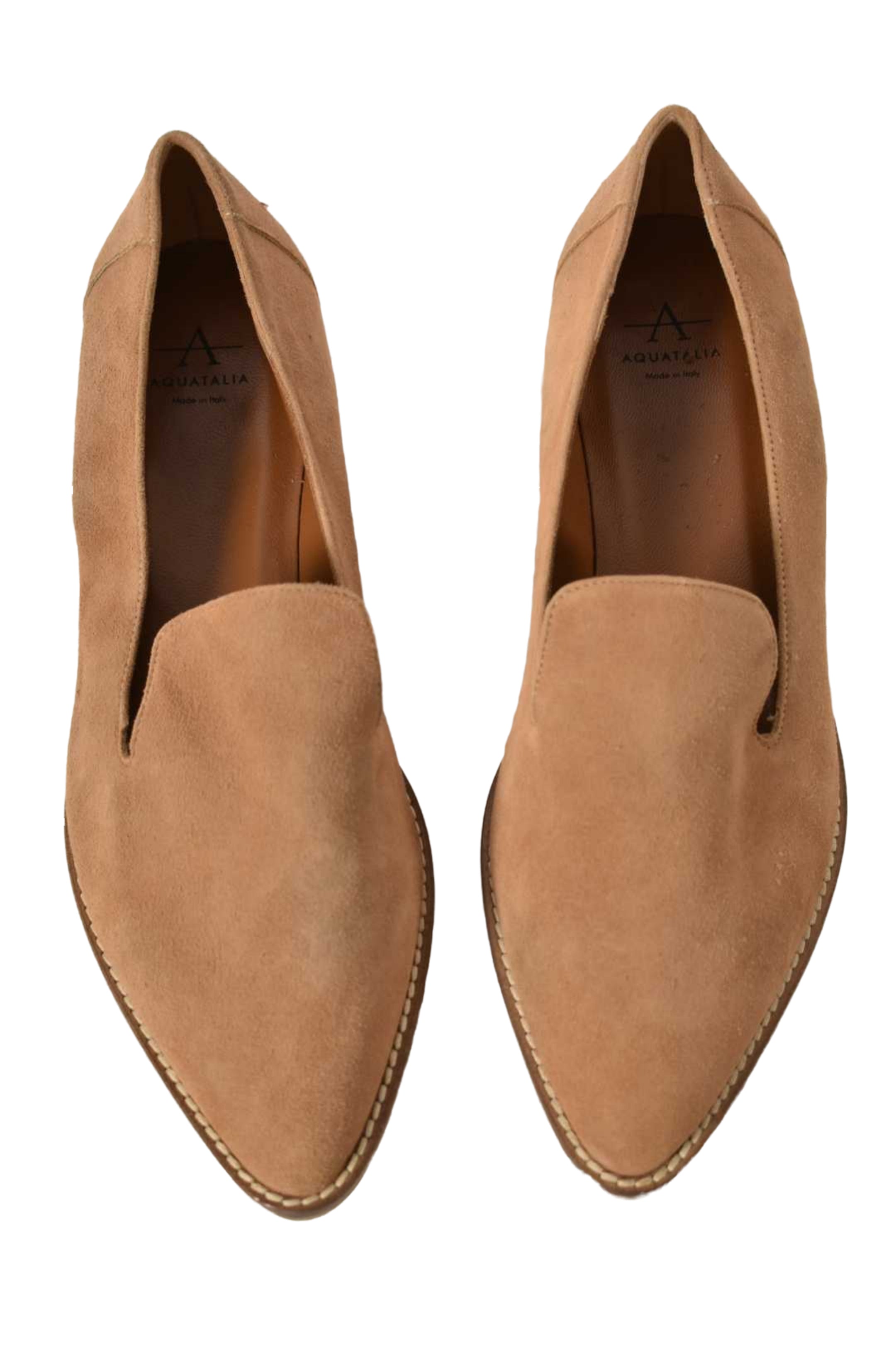 NWOB AQUATALIA Tan Beige Suede Pointed Toe Loafers 37.5EU 7.5US Italy