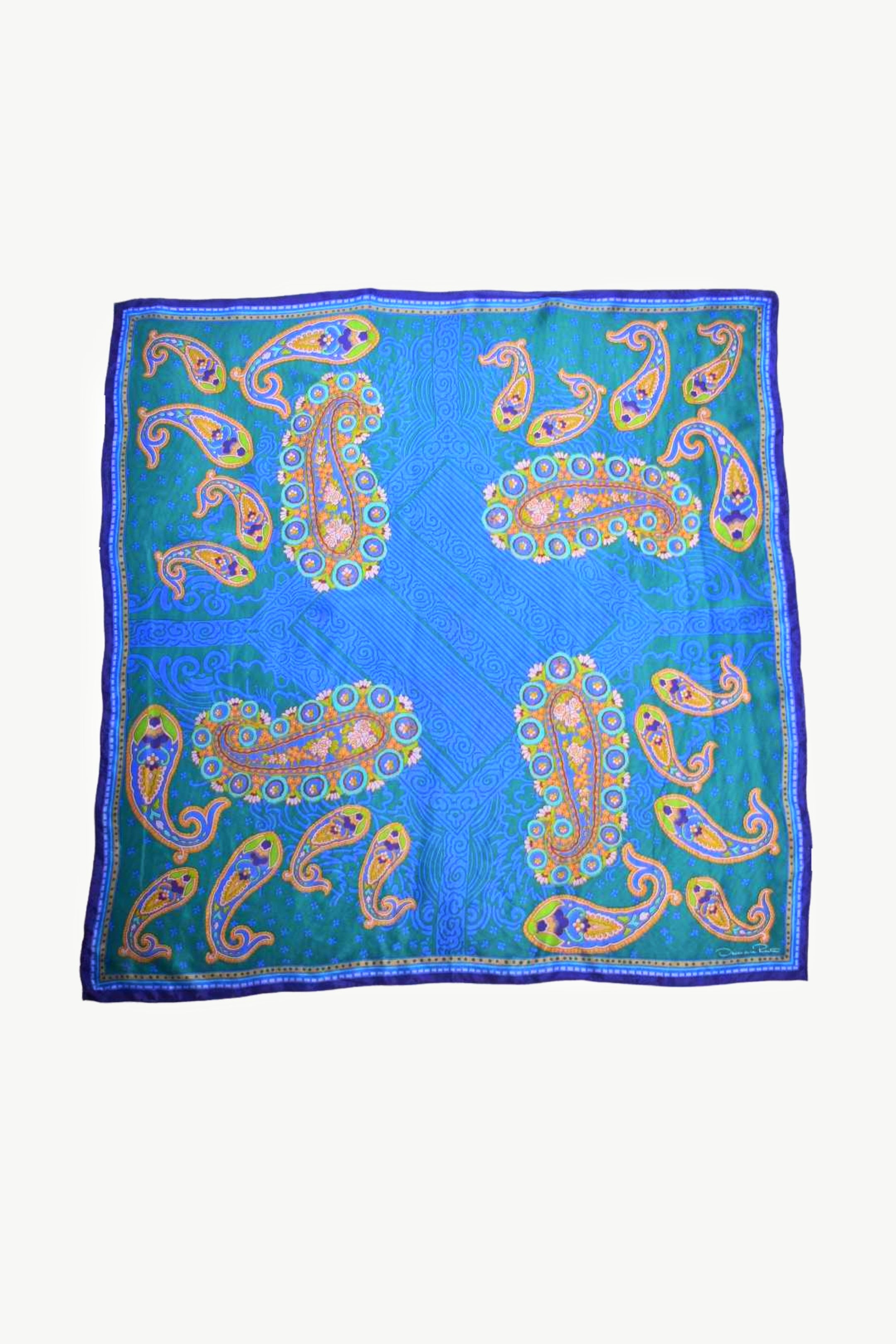 2000s OSCAR DE LA RENTA Blue Green Paisley 100% Silk Scarf 35"