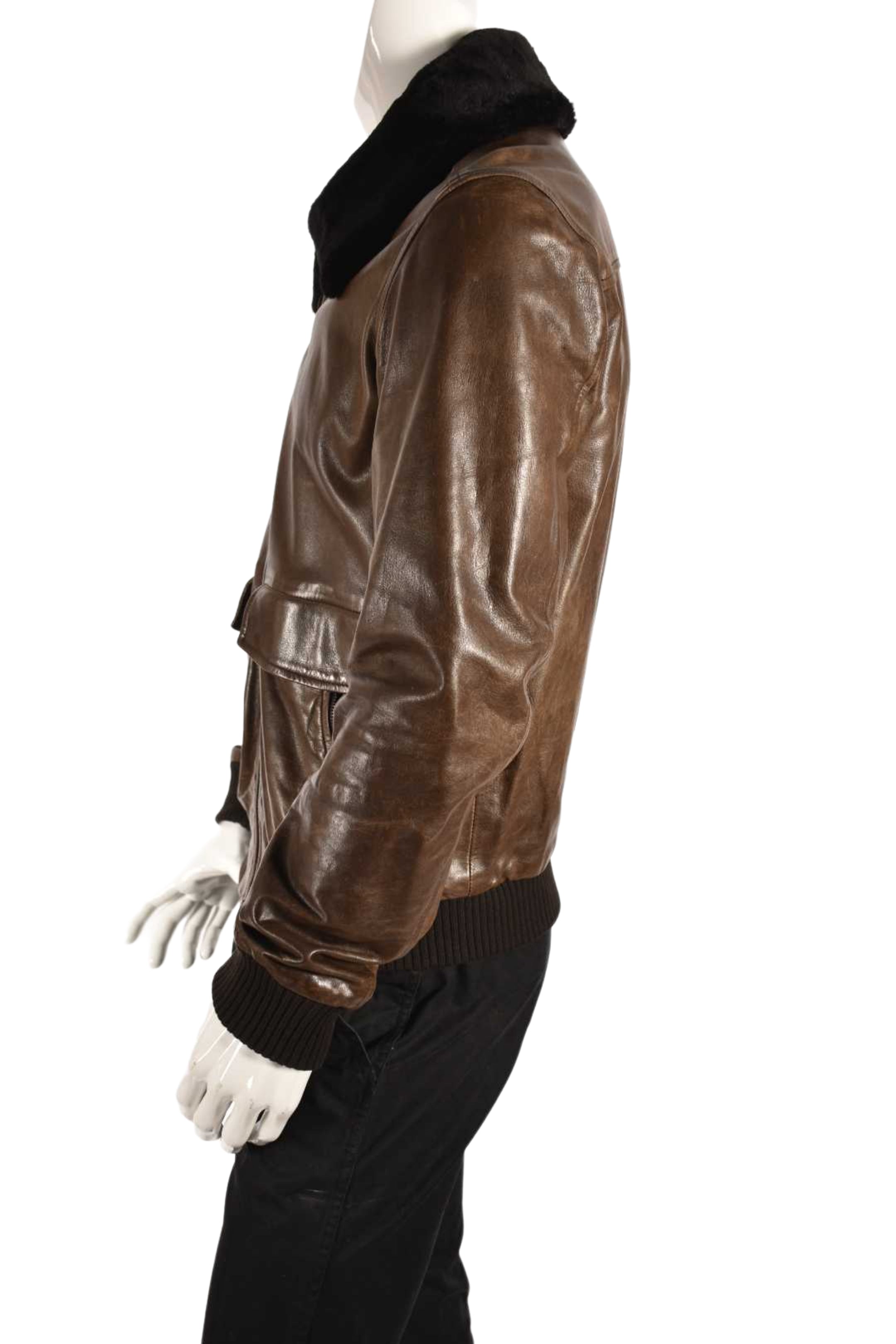 M0851 Brown Leather Beaver Collar Bomber Aviator Jacket Small Canada