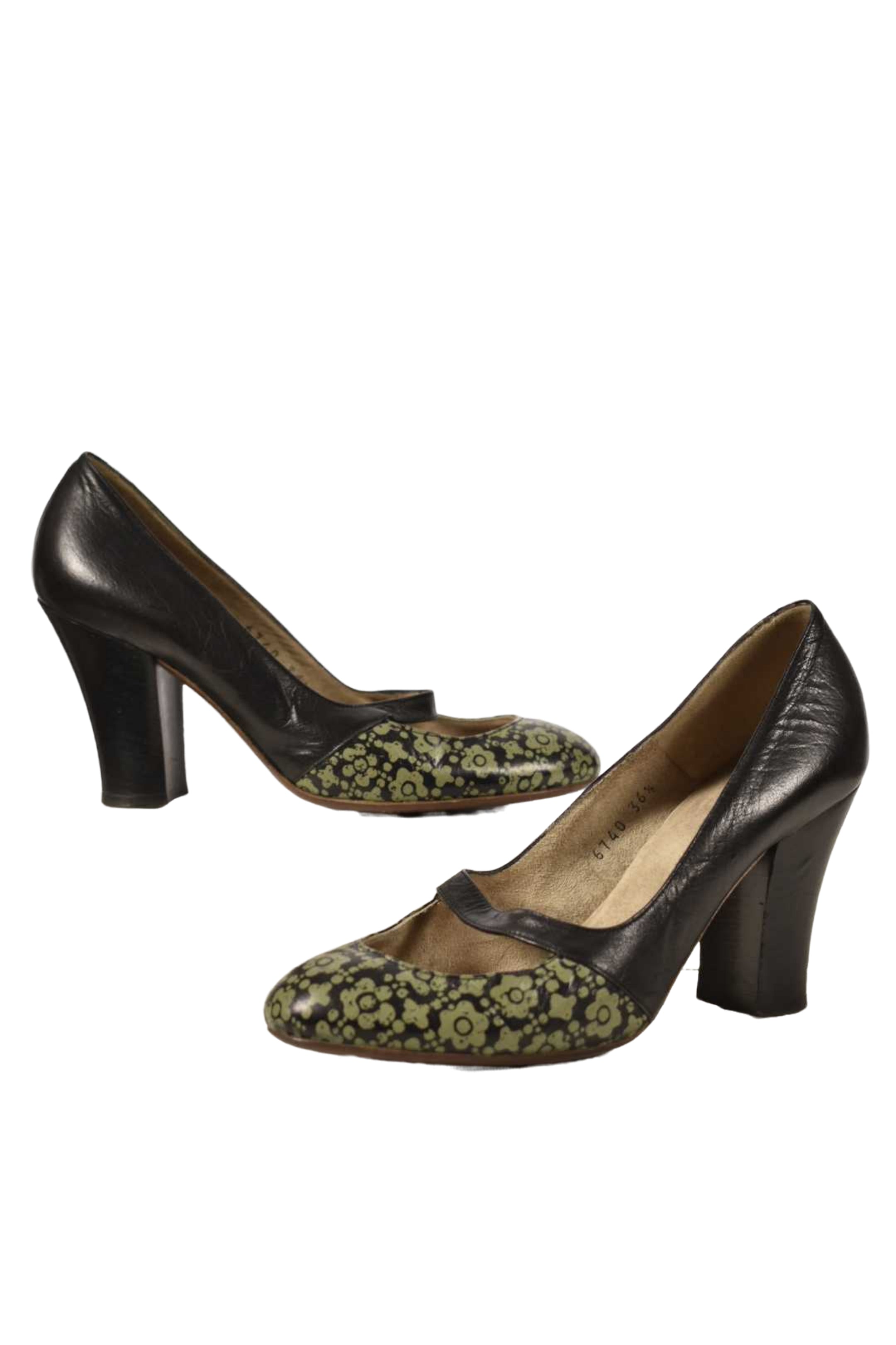 2000s DRIES VAN NOTEN Black Green Floral Mary Jane Block Heel Pumps 6.5US Italy