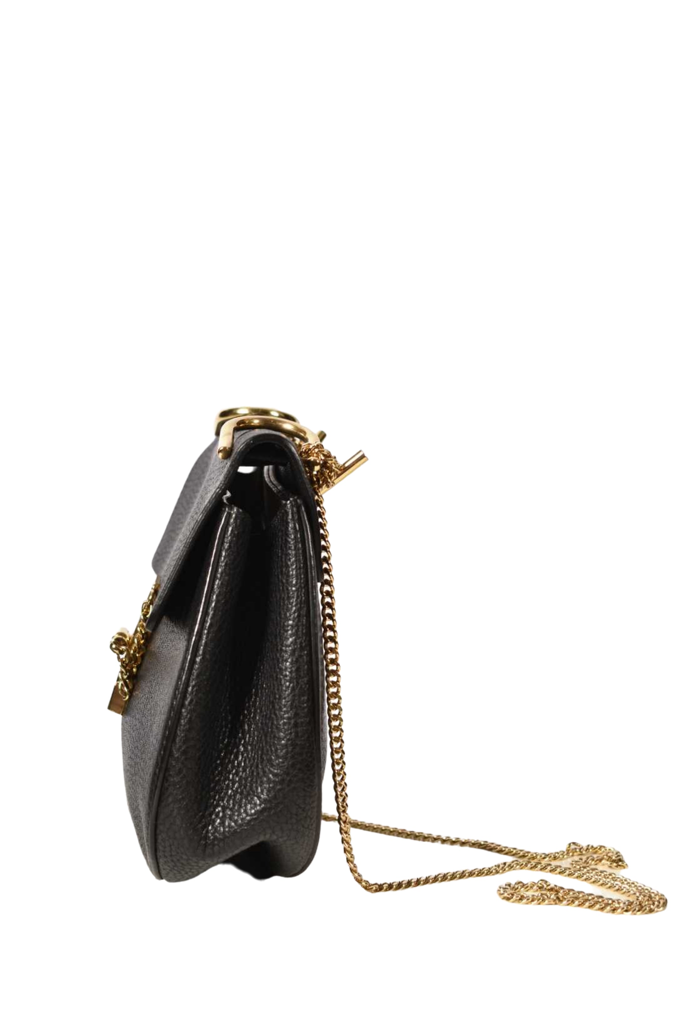 CHLOE Black Pebbled Leather Drew Bag Gold Hardware Italy